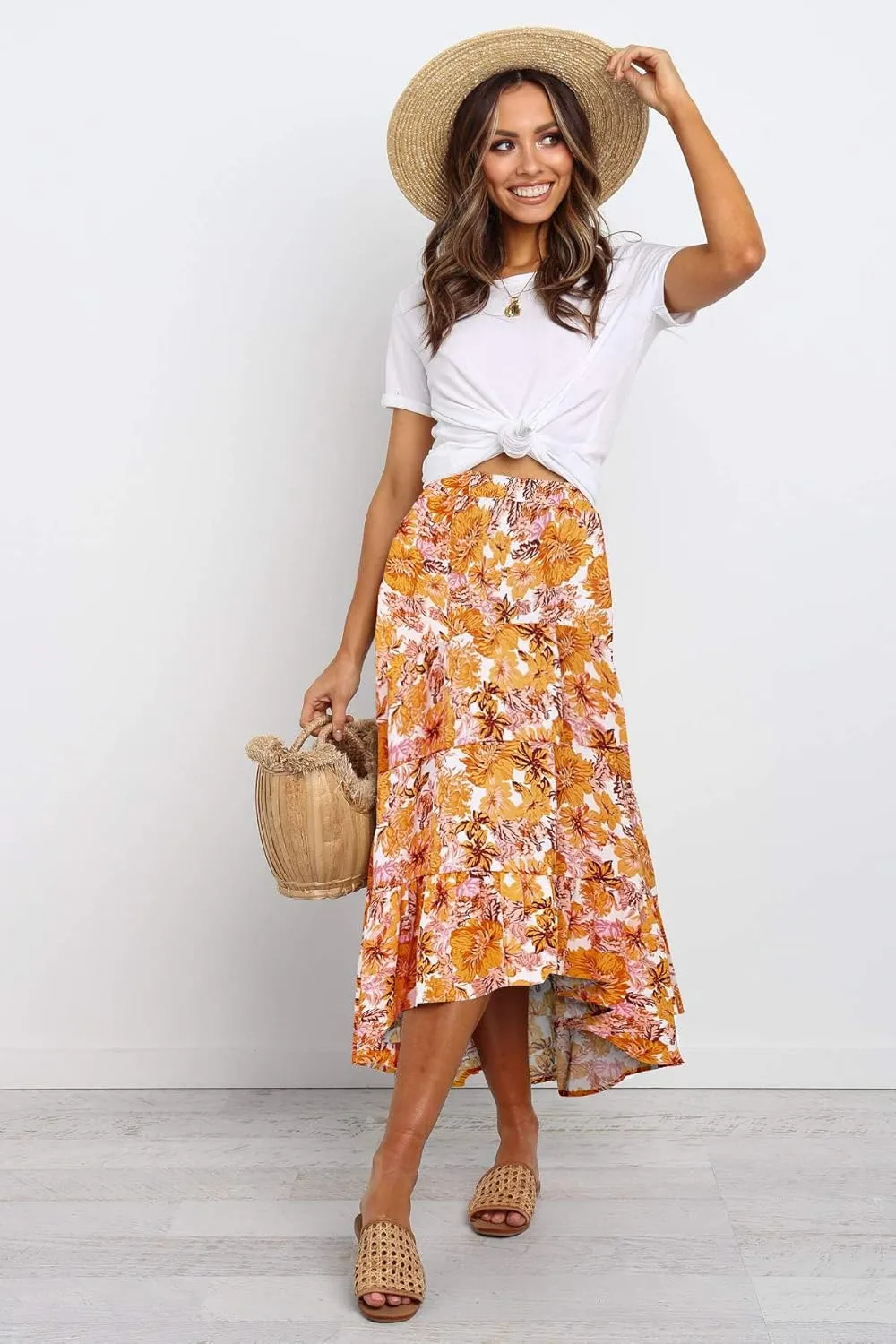 SimpleFun Women's Long Skirts Boho Floral Elastic High Waist Asymmetrical Hem Midi Skirt