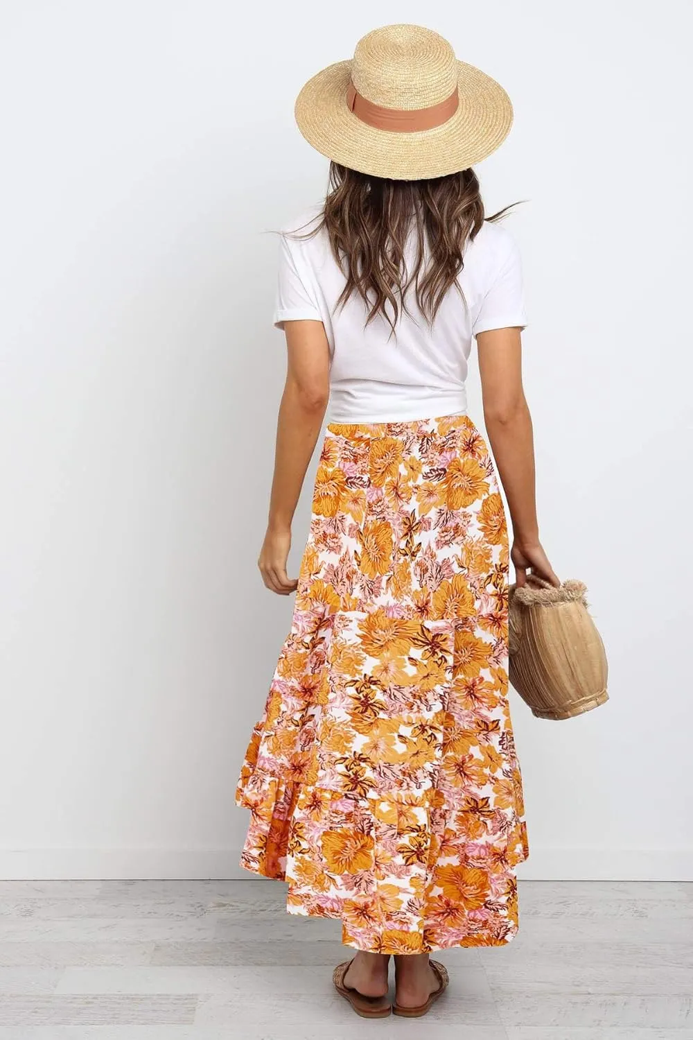 SimpleFun Women's Long Skirts Boho Floral Elastic High Waist Asymmetrical Hem Midi Skirt