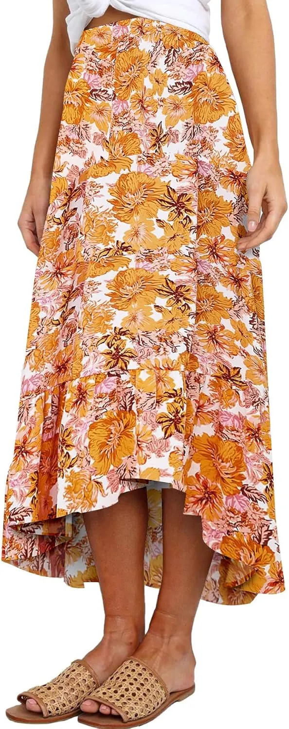 SimpleFun Women's Long Skirts Boho Floral Elastic High Waist Asymmetrical Hem Midi Skirt