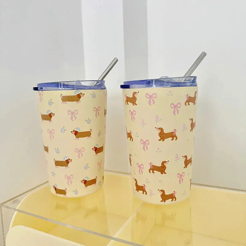 SINOTAO  -  360ml Cute Water Ice Coffee Cups  Sainless Steel Thermos With Straw Tumbler For Tea Beer Juice Kawaii  Thermal Drink Bottle Gift