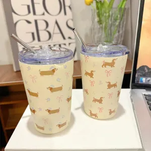 SINOTAO  -  360ml Cute Water Ice Coffee Cups  Sainless Steel Thermos With Straw Tumbler For Tea Beer Juice Kawaii  Thermal Drink Bottle Gift