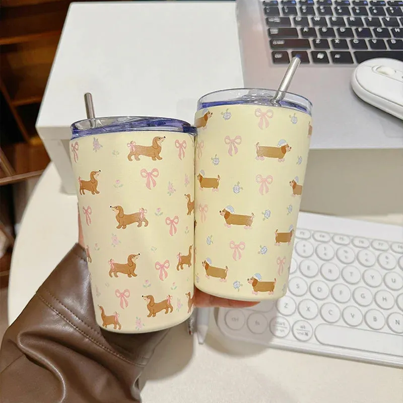 SINOTAO  -  360ml Cute Water Ice Coffee Cups  Sainless Steel Thermos With Straw Tumbler For Tea Beer Juice Kawaii  Thermal Drink Bottle Gift