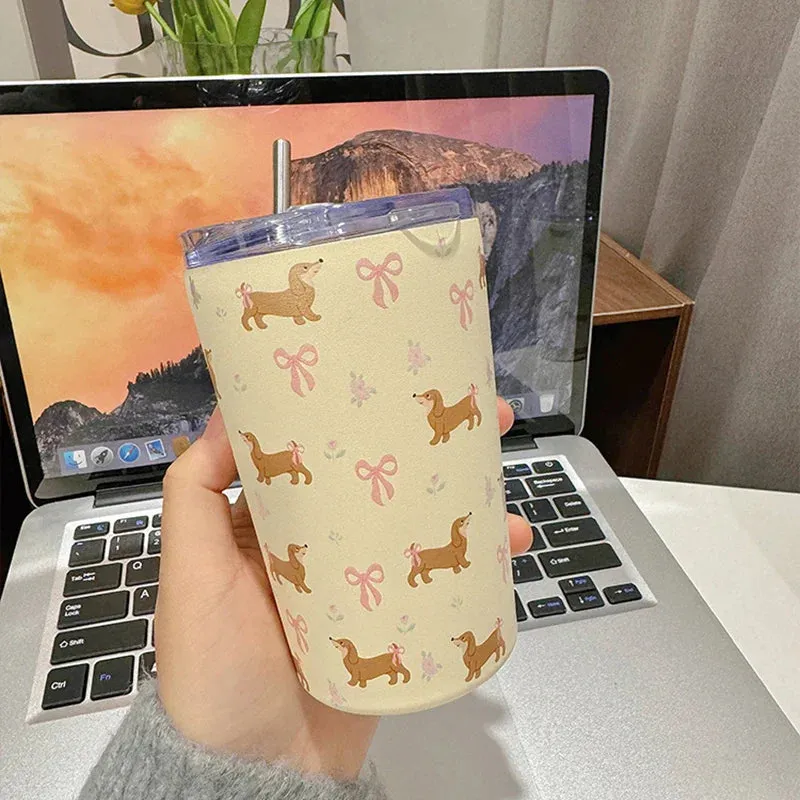 SINOTAO  -  360ml Cute Water Ice Coffee Cups  Sainless Steel Thermos With Straw Tumbler For Tea Beer Juice Kawaii  Thermal Drink Bottle Gift