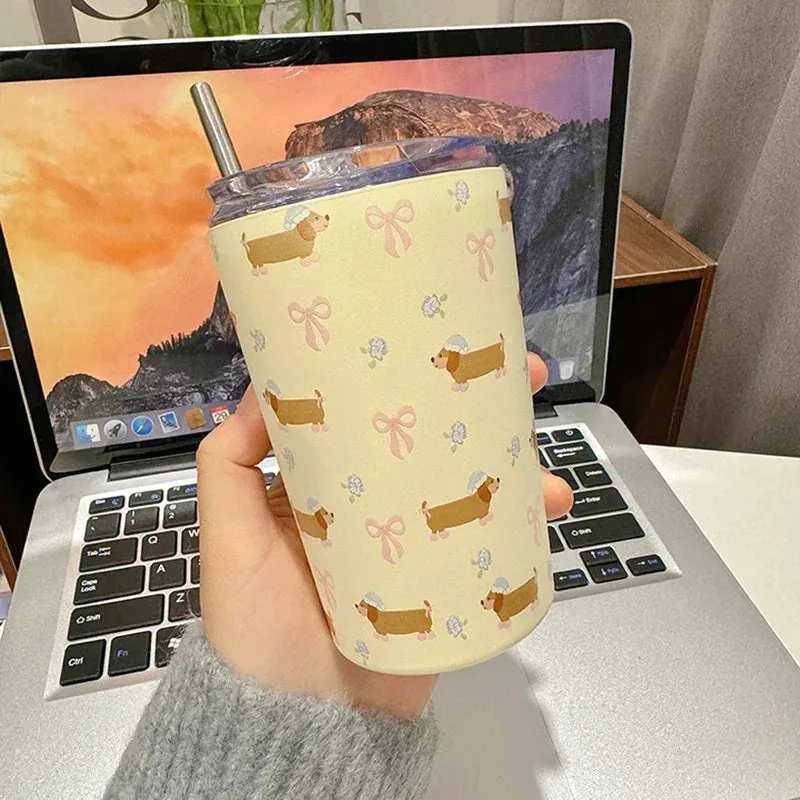 SINOTAO  -  360ml Cute Water Ice Coffee Cups  Sainless Steel Thermos With Straw Tumbler For Tea Beer Juice Kawaii  Thermal Drink Bottle Gift