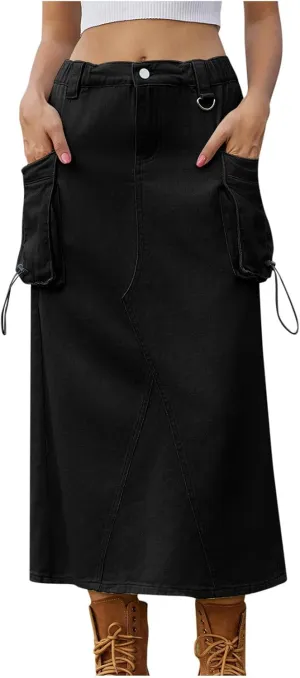 Skirts for Women Fall Winter Warm Straight Skirt High Waist Hip-Wrapped Skirt Casual Jean Cargo Skirts with Pocket
