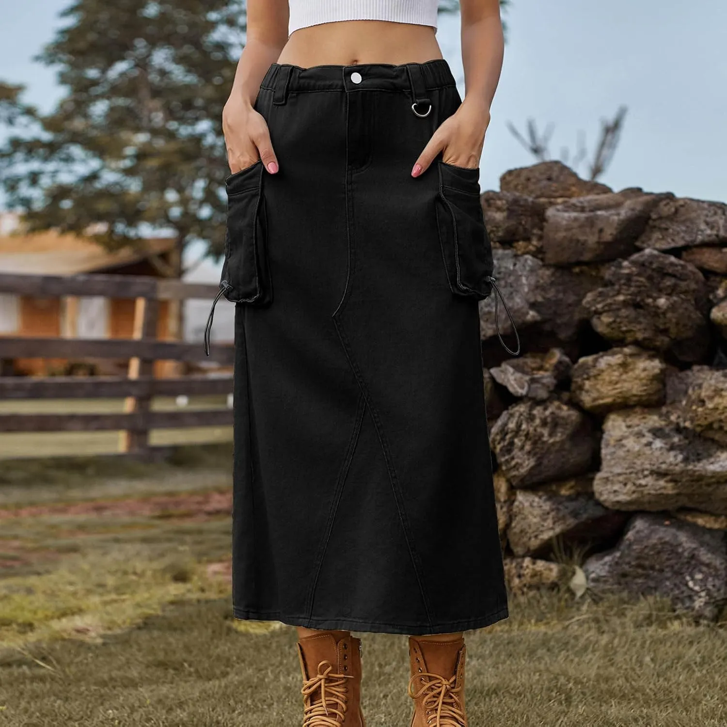 Skirts for Women Fall Winter Warm Straight Skirt High Waist Hip-Wrapped Skirt Casual Jean Cargo Skirts with Pocket