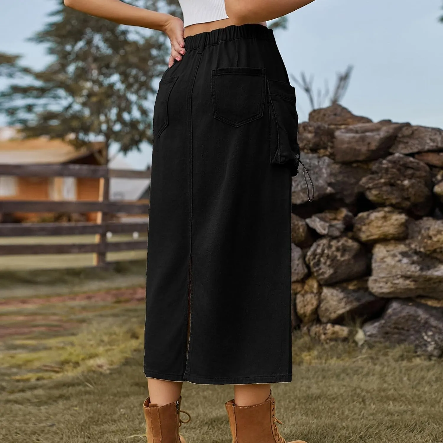 Skirts for Women Fall Winter Warm Straight Skirt High Waist Hip-Wrapped Skirt Casual Jean Cargo Skirts with Pocket