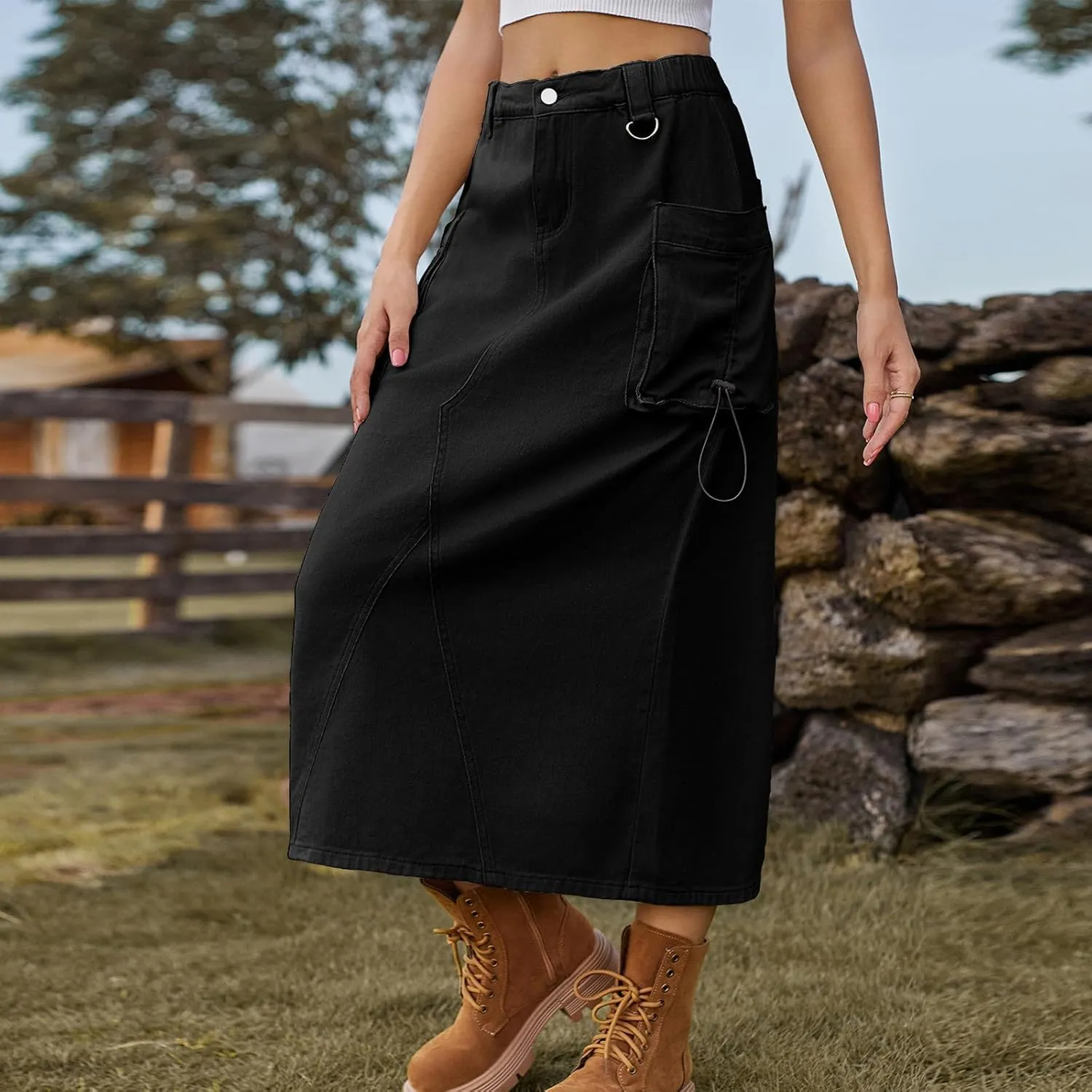 Skirts for Women Fall Winter Warm Straight Skirt High Waist Hip-Wrapped Skirt Casual Jean Cargo Skirts with Pocket