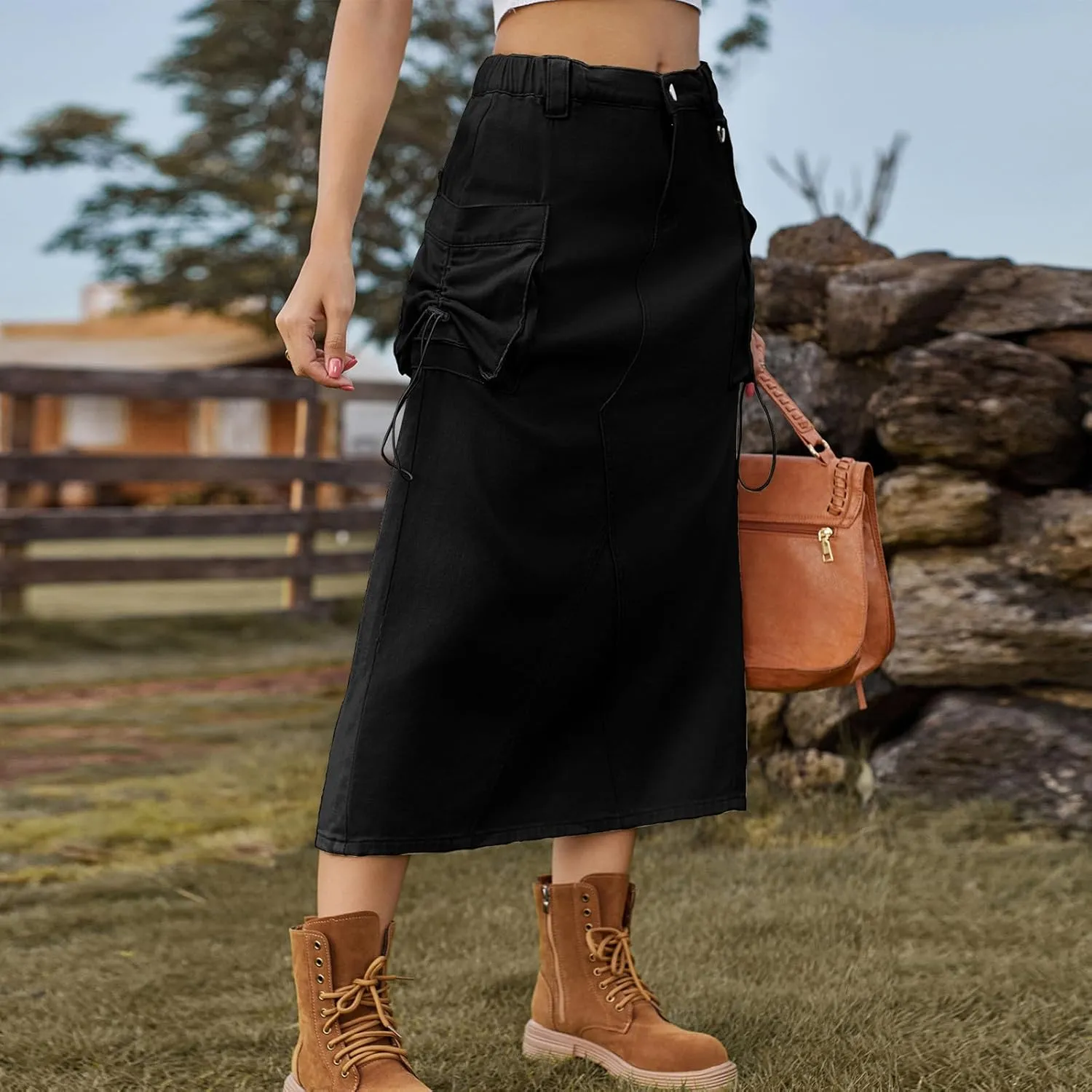 Skirts for Women Fall Winter Warm Straight Skirt High Waist Hip-Wrapped Skirt Casual Jean Cargo Skirts with Pocket