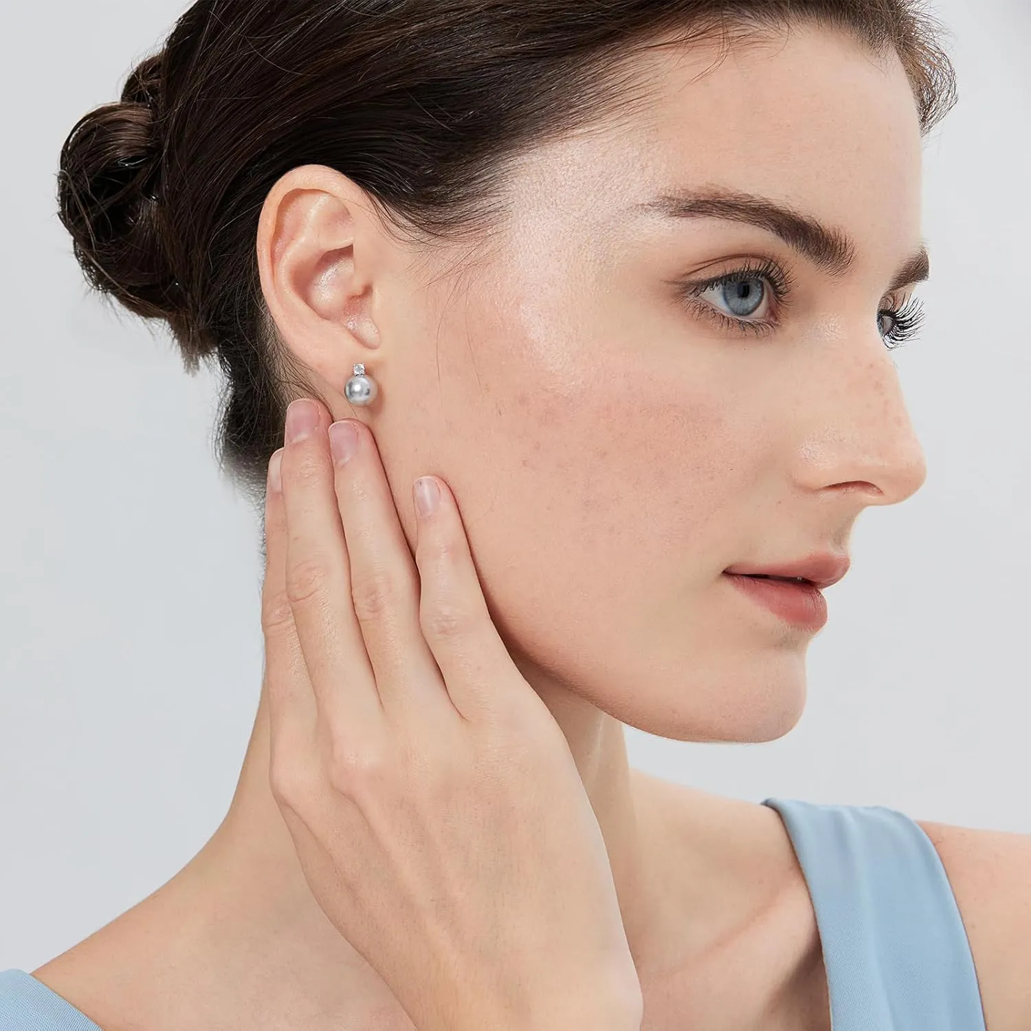 Small Pearl Stud Earrings for Women, 925 Sterling Silver Pearl Diamond Earrings 8MM with Cubic Zirconia, White/Rose Gold/Yellow Gold/Gray Available
