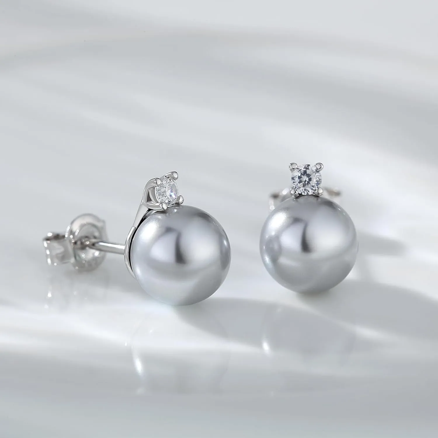 Small Pearl Stud Earrings for Women, 925 Sterling Silver Pearl Diamond Earrings 8MM with Cubic Zirconia, White/Rose Gold/Yellow Gold/Gray Available