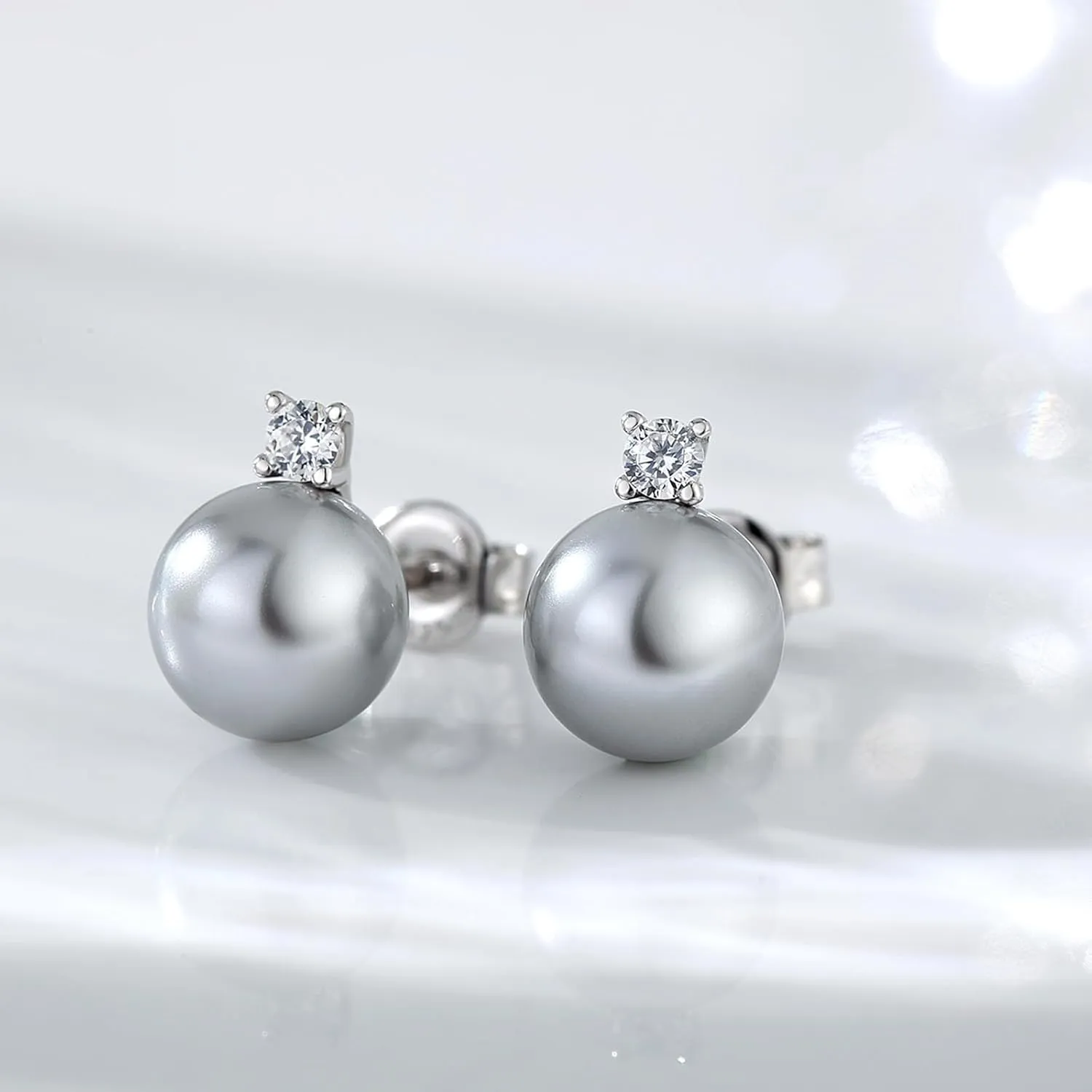 Small Pearl Stud Earrings for Women, 925 Sterling Silver Pearl Diamond Earrings 8MM with Cubic Zirconia, White/Rose Gold/Yellow Gold/Gray Available