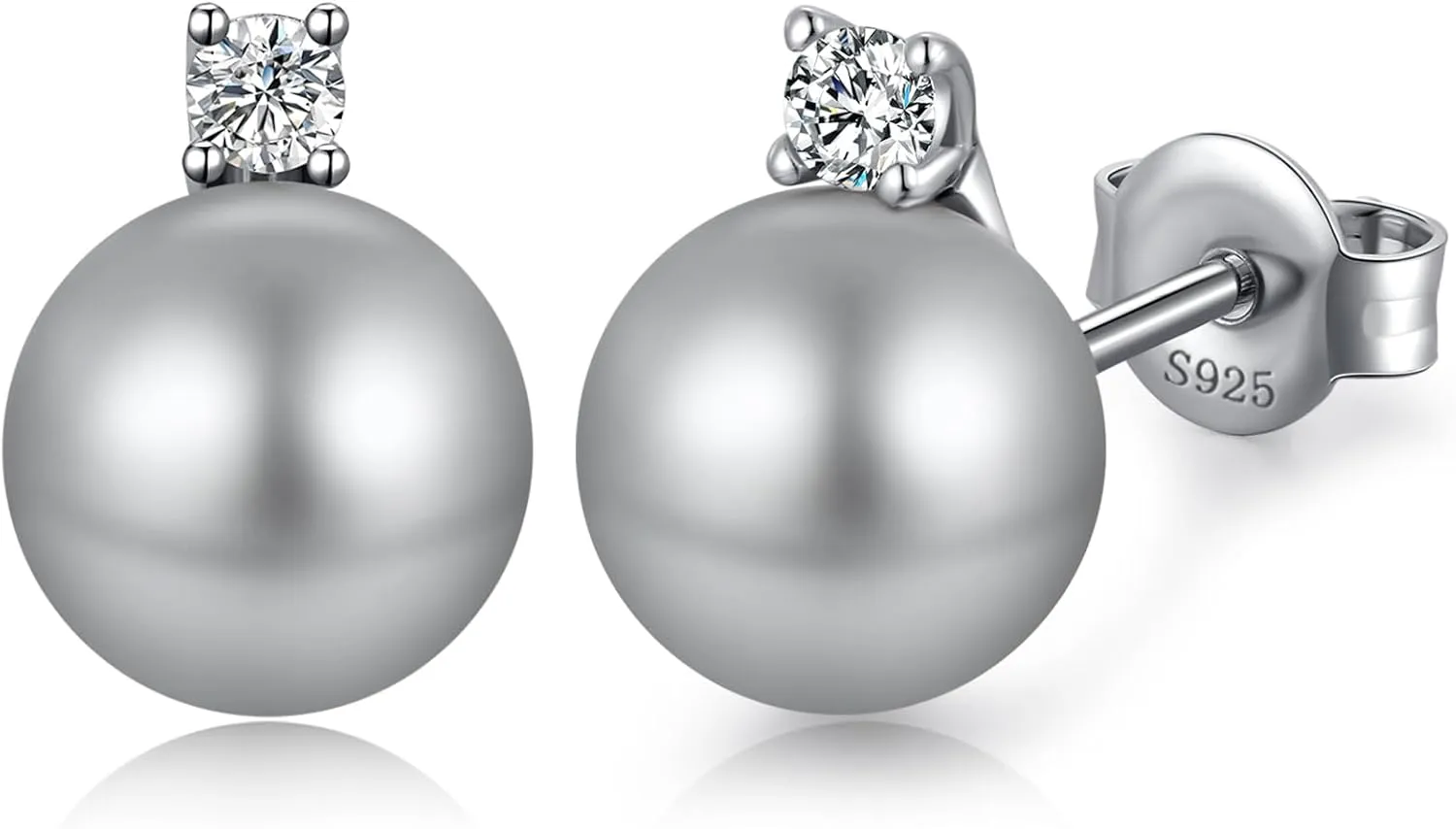 Small Pearl Stud Earrings for Women, 925 Sterling Silver Pearl Diamond Earrings 8MM with Cubic Zirconia, White/Rose Gold/Yellow Gold/Gray Available