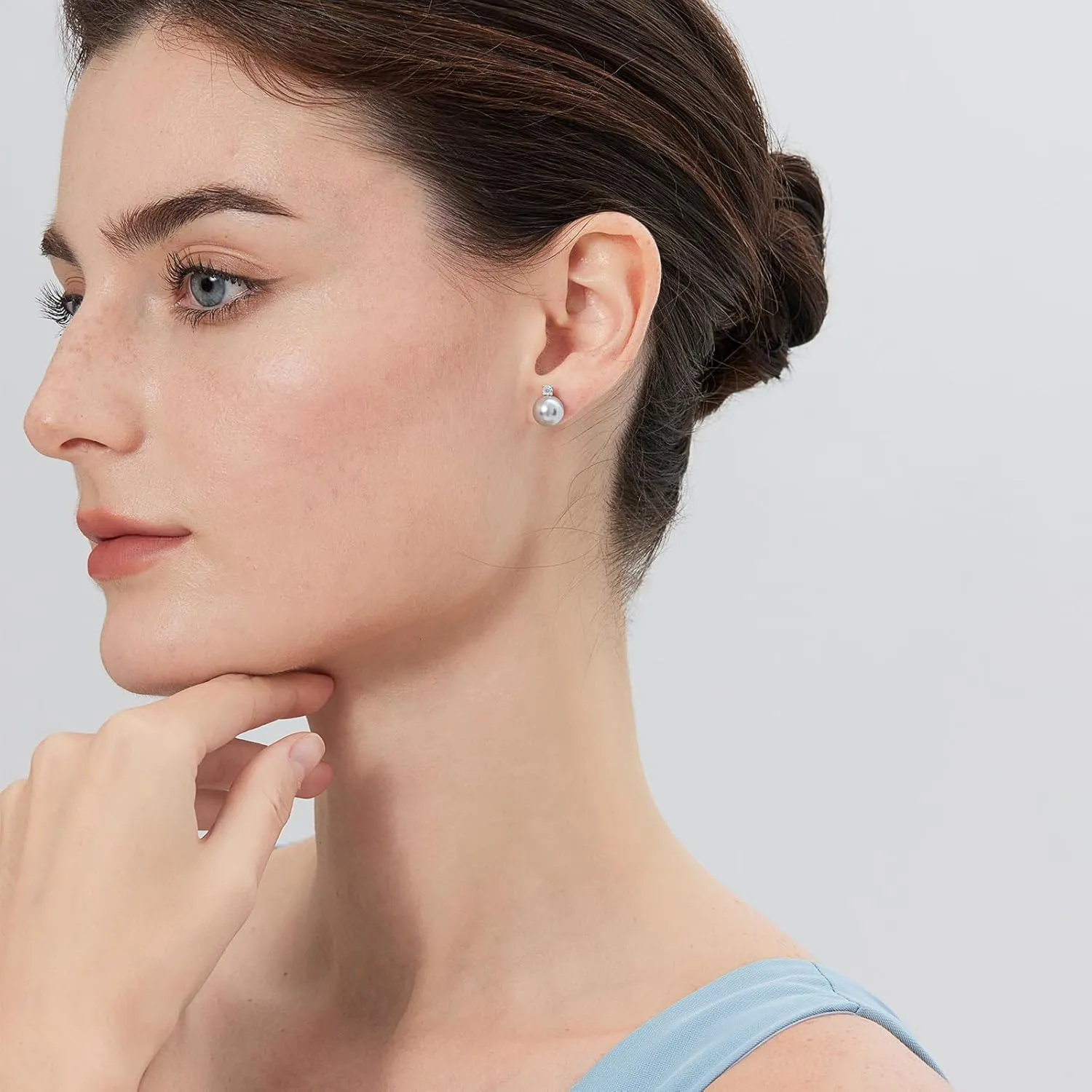 Small Pearl Stud Earrings for Women, 925 Sterling Silver Pearl Diamond Earrings 8MM with Cubic Zirconia, White/Rose Gold/Yellow Gold/Gray Available