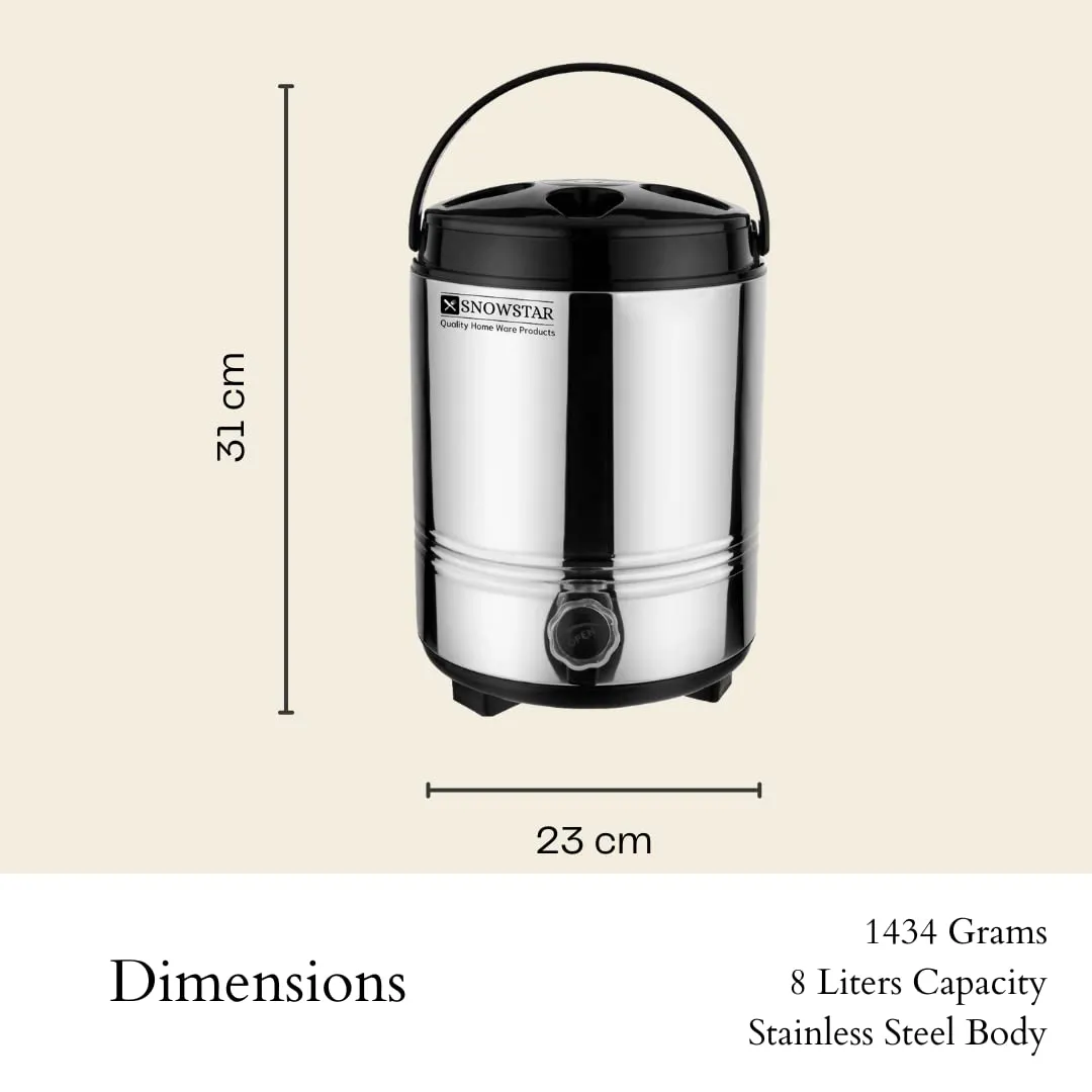 SNOWSTAR Hot and Cold Water Dispenser for Home Kitchen Office, 8 Liters-Silver, Double Walled PUF Insulated Stainless Steel Water Jug with Tap, Easy to Carry Handle, Durable & Sturdy