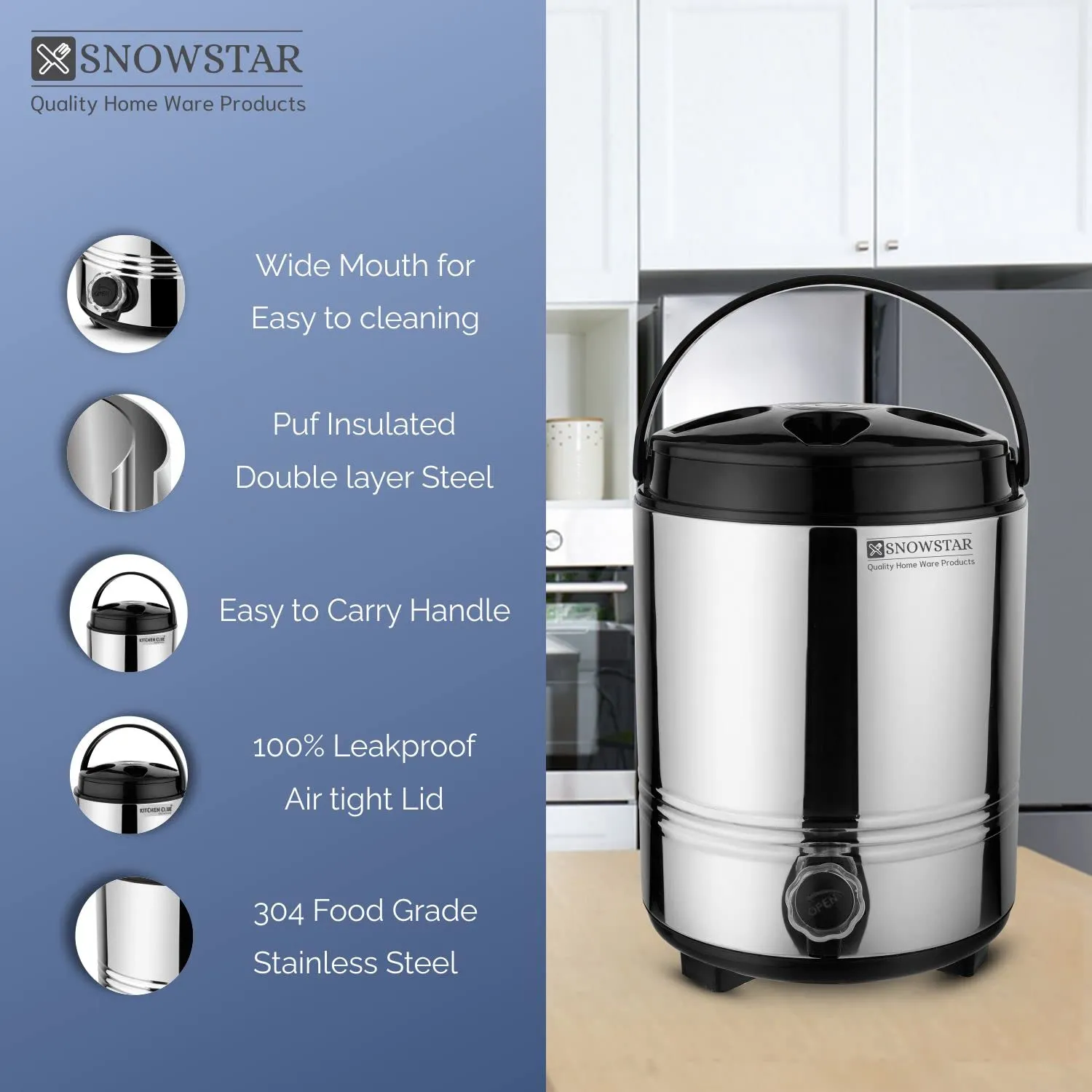 SNOWSTAR Hot and Cold Water Dispenser for Home Kitchen Office, 8 Liters-Silver, Double Walled PUF Insulated Stainless Steel Water Jug with Tap, Easy to Carry Handle, Durable & Sturdy
