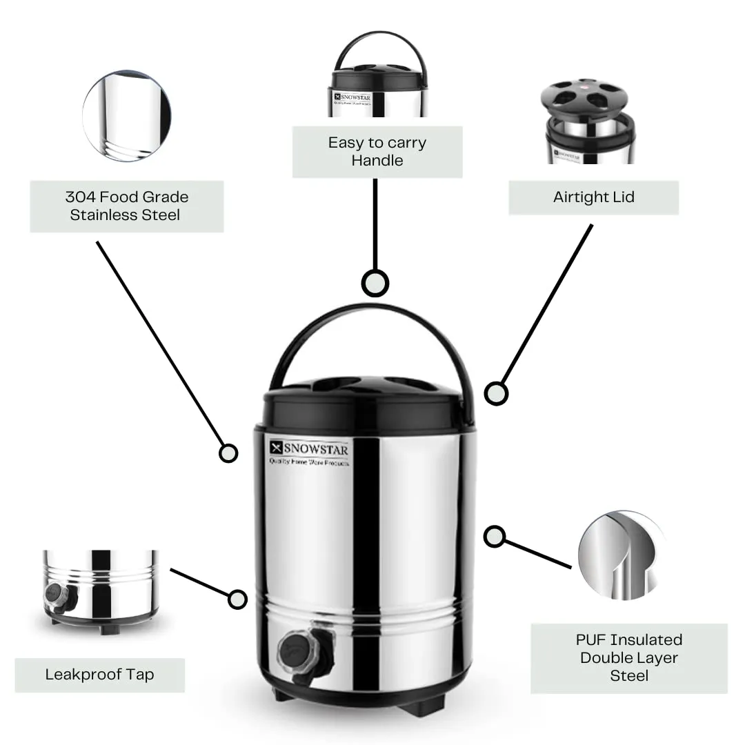 SNOWSTAR Hot and Cold Water Dispenser for Home Kitchen Office, 8 Liters-Silver, Double Walled PUF Insulated Stainless Steel Water Jug with Tap, Easy to Carry Handle, Durable & Sturdy