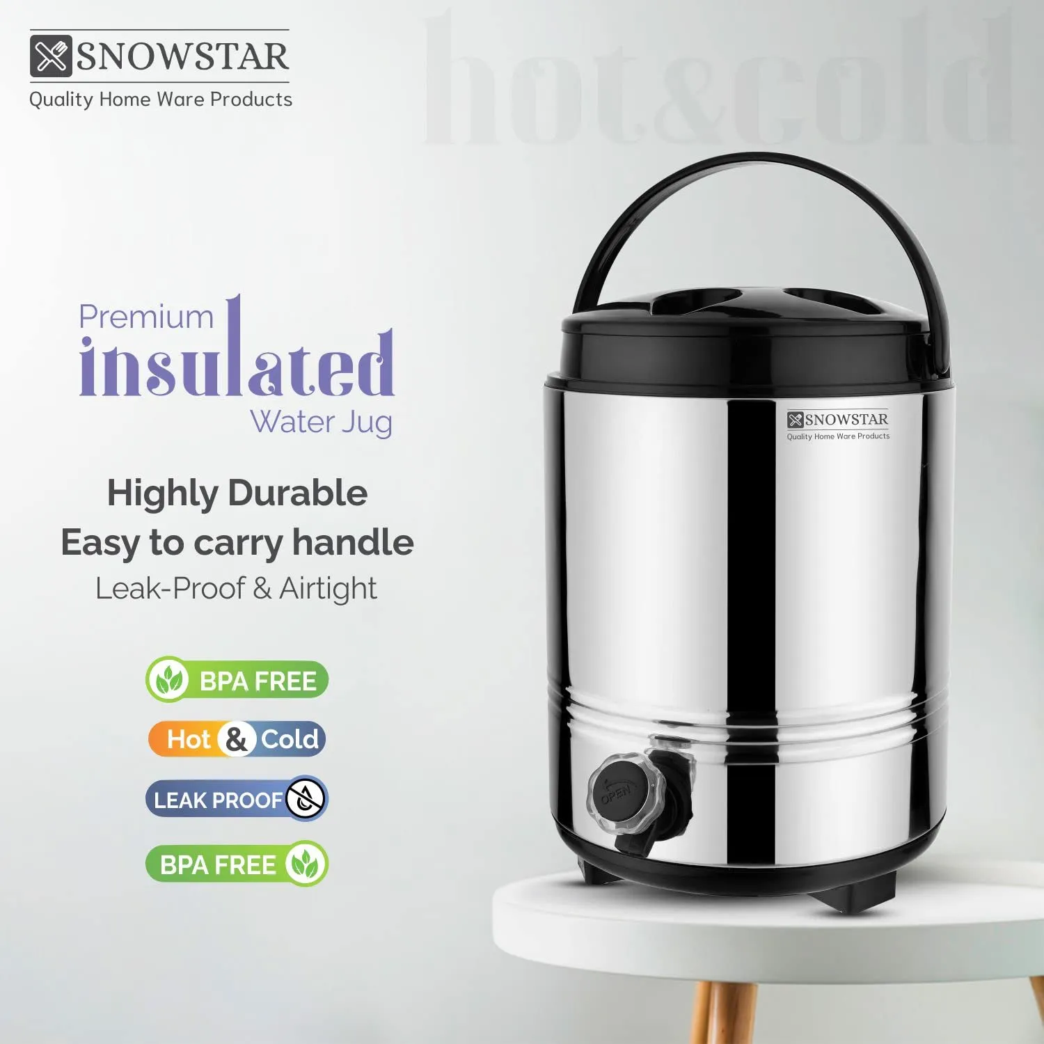 SNOWSTAR Hot and Cold Water Dispenser for Home Kitchen Office, 8 Liters-Silver, Double Walled PUF Insulated Stainless Steel Water Jug with Tap, Easy to Carry Handle, Durable & Sturdy