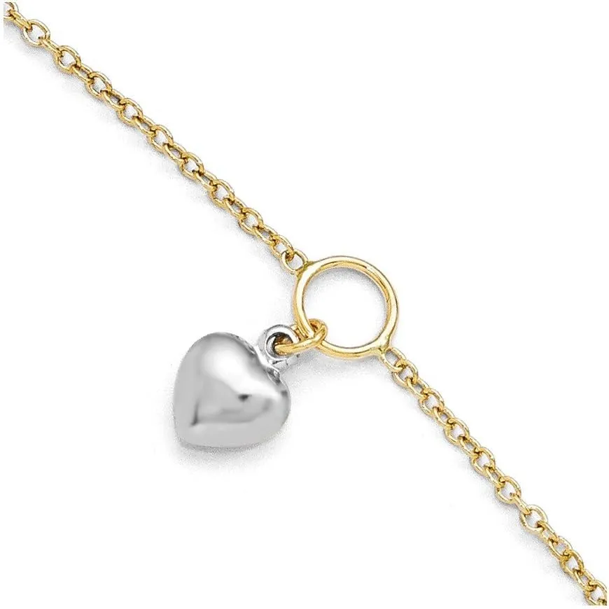 Solid 14k Yellow and White Gold Two Tone Heart Anklet 1in Extension - with Secure Lobster Lock Clasp 10" (Width = 1mm)
