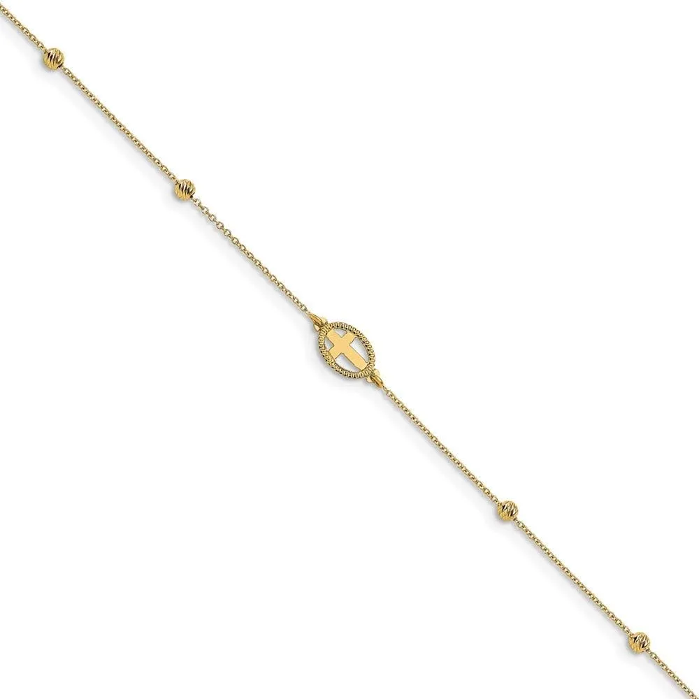 Solid 14k Yellow Gold Diamond-Cut Beaded Cross 1in Extension Anklet 9.5" (Width = 1mm)