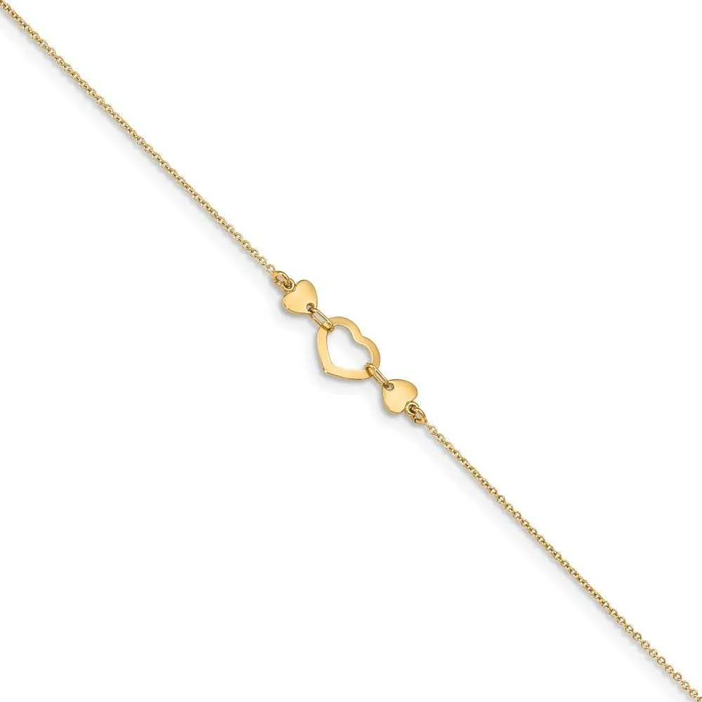 Solid 14k Yellow Gold Heart with .75in Extension Anklet 10"