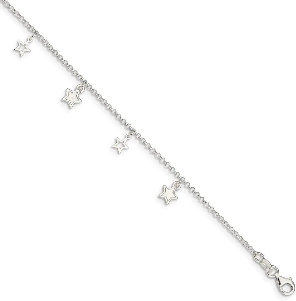Solid 925 Sterling Silver and Textured Star 1in Extension Anklet - with Secure Lobster Lock Clasp 9"