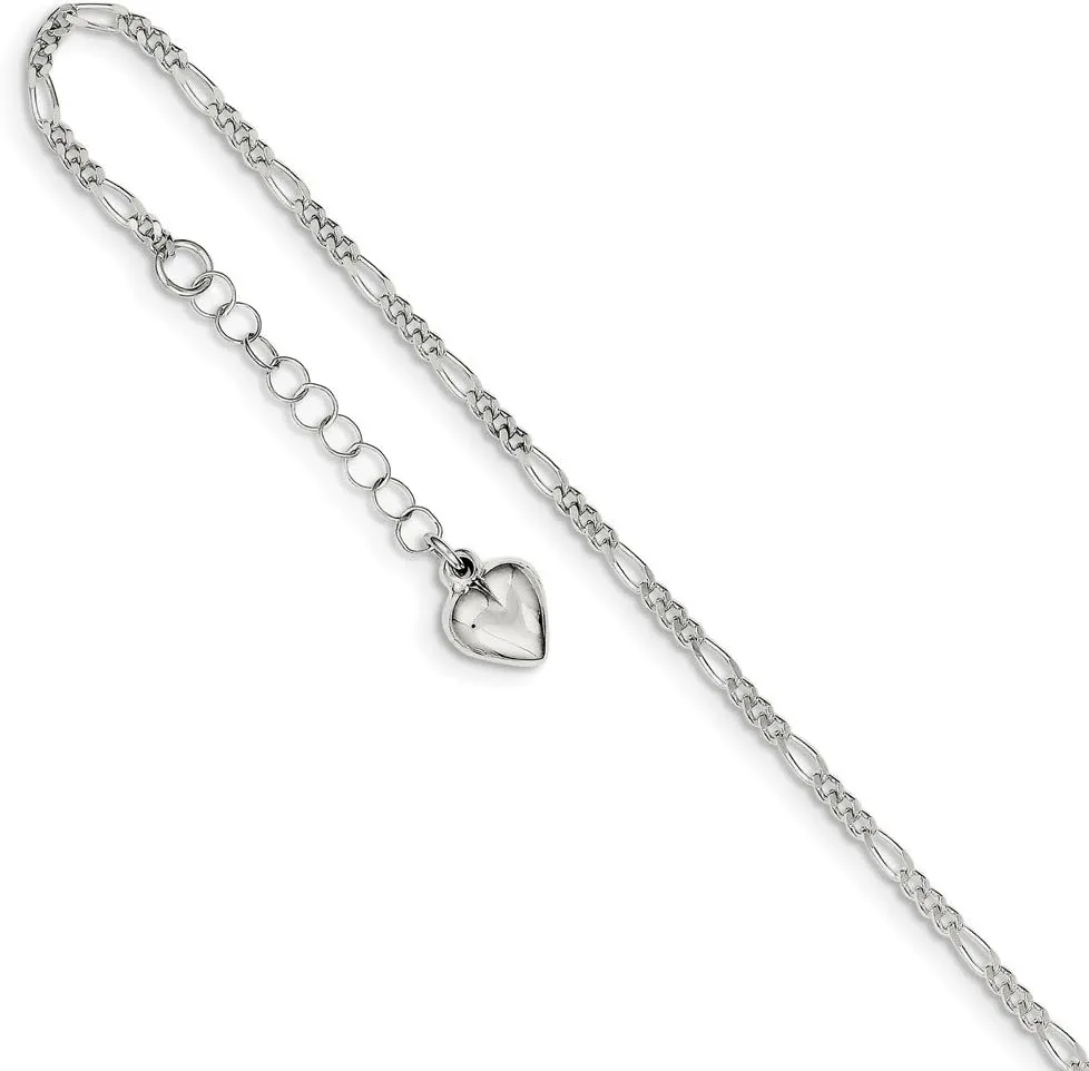 Solid 925 Sterling Silver Heart 1in Extension Anklet - with Secure Lobster Lock Clasp 9"
