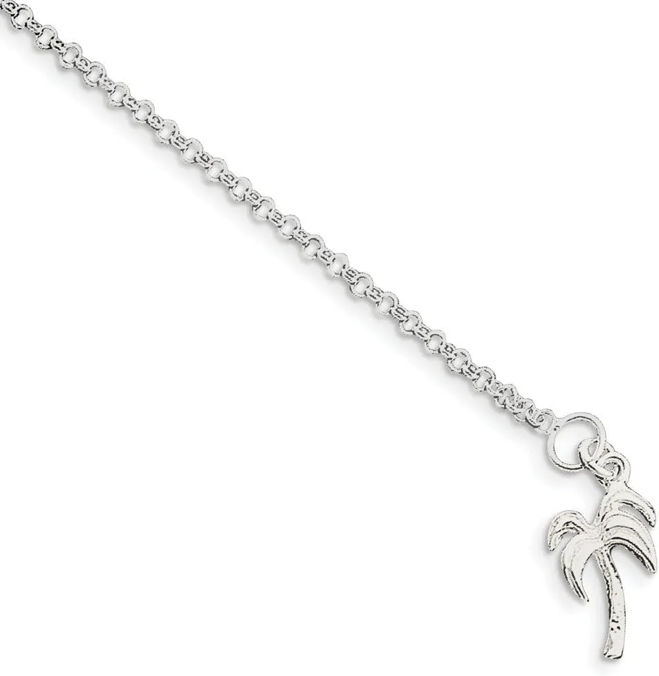 Solid 925 Sterling Silver Palm Tree Anklet 9"