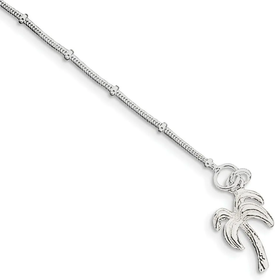 Solid 925 Sterling Silver Palm Tree Anklet 9"