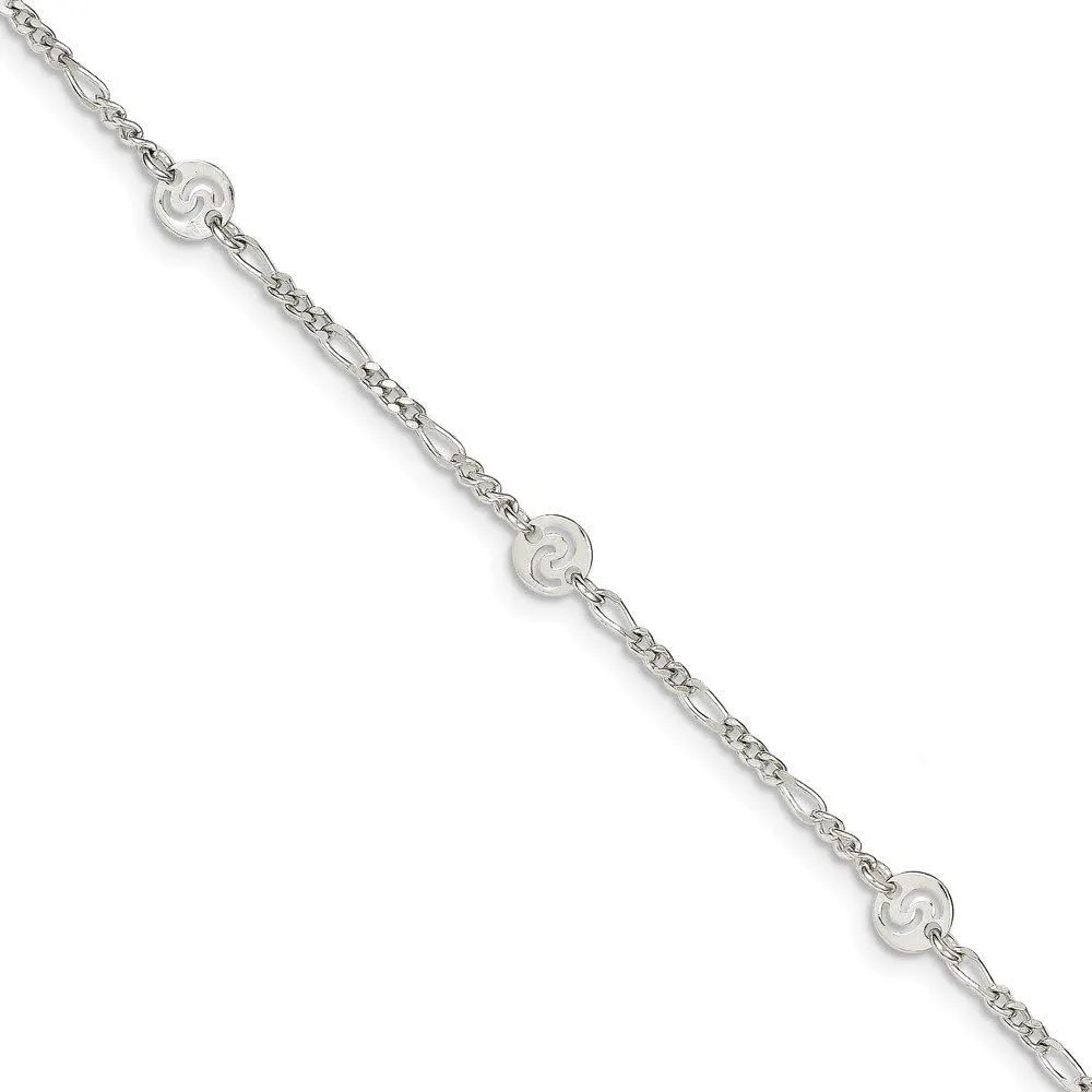 Solid 925 Sterling Silver Swirl Disc 1in Extension Anklet - with Secure Lobster Lock Clasp 9"