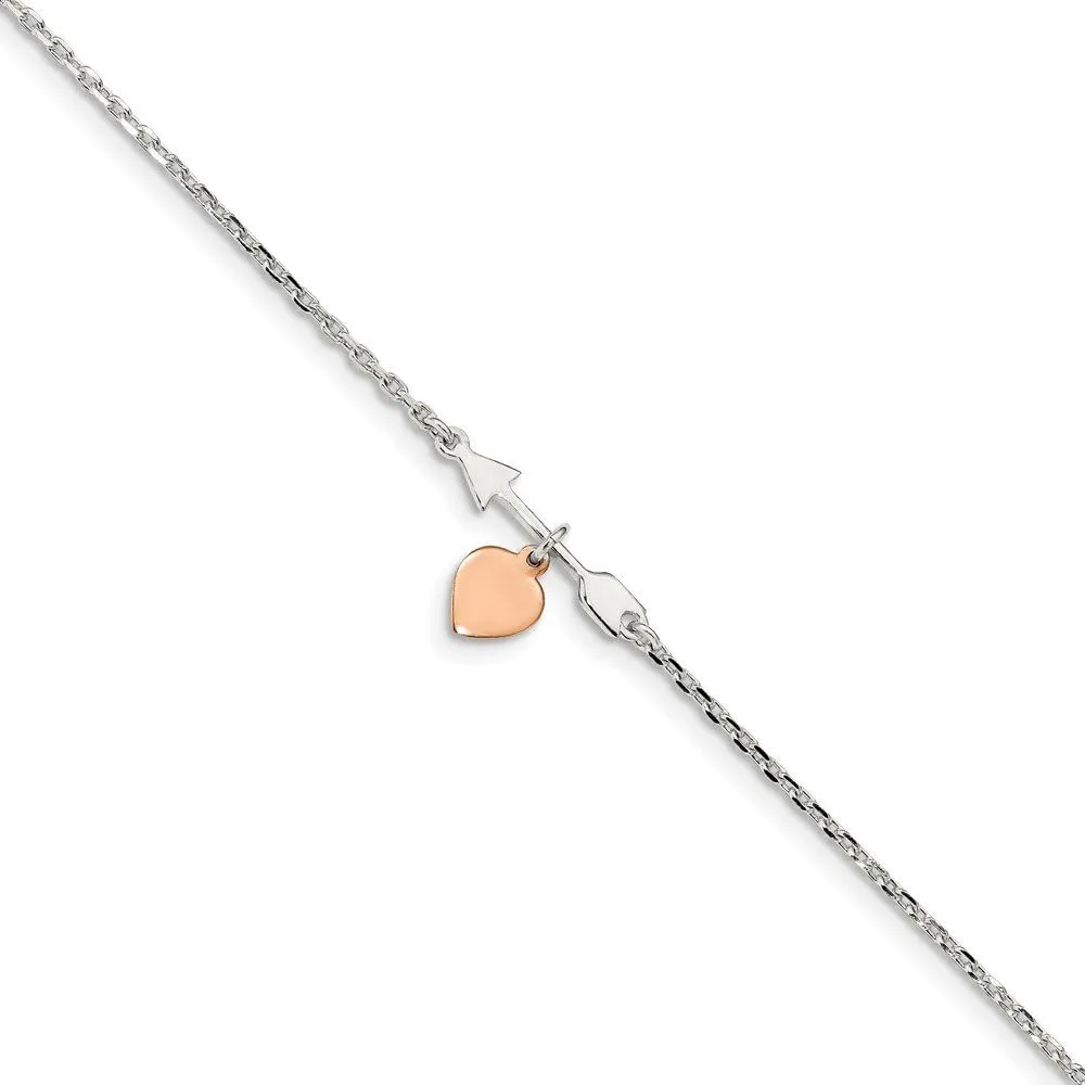 Sonia Jewels 925 Sterling Silver Arrow Rose-tone Heart 10in 1Ext Anklet - with Secure Lobster Lock Clasp 10" (Width = 1mm)