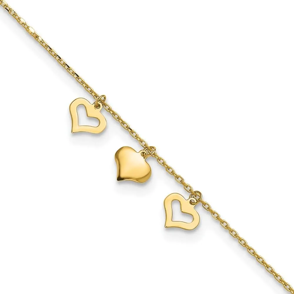 Sonia Jewels Real 14k Yellow Gold 3 Hearts 1 inch Extension Anklet 10"