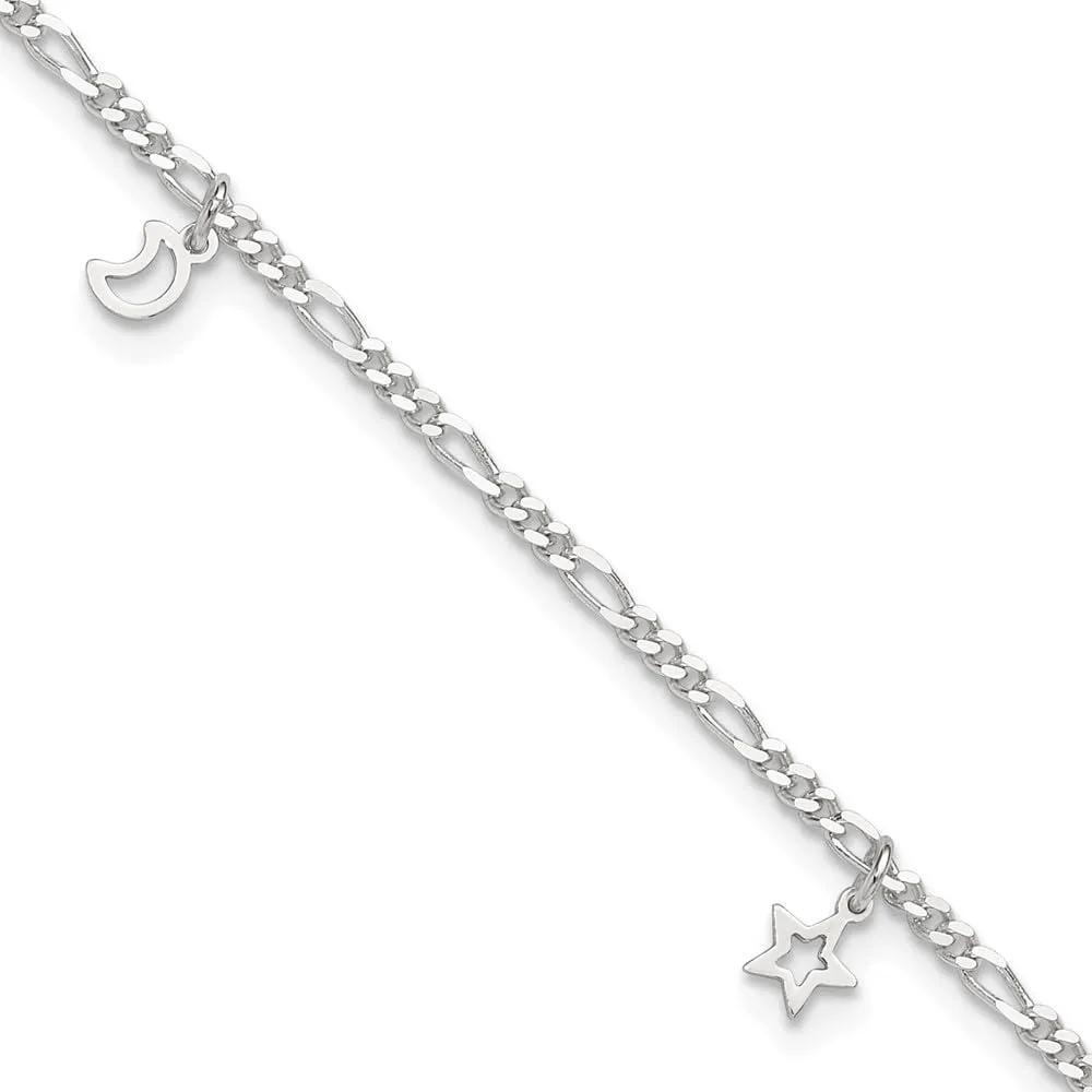 Sonia Jewels Real 925 Sterling Silver Star and Moon 1in Extension Anklet 9"