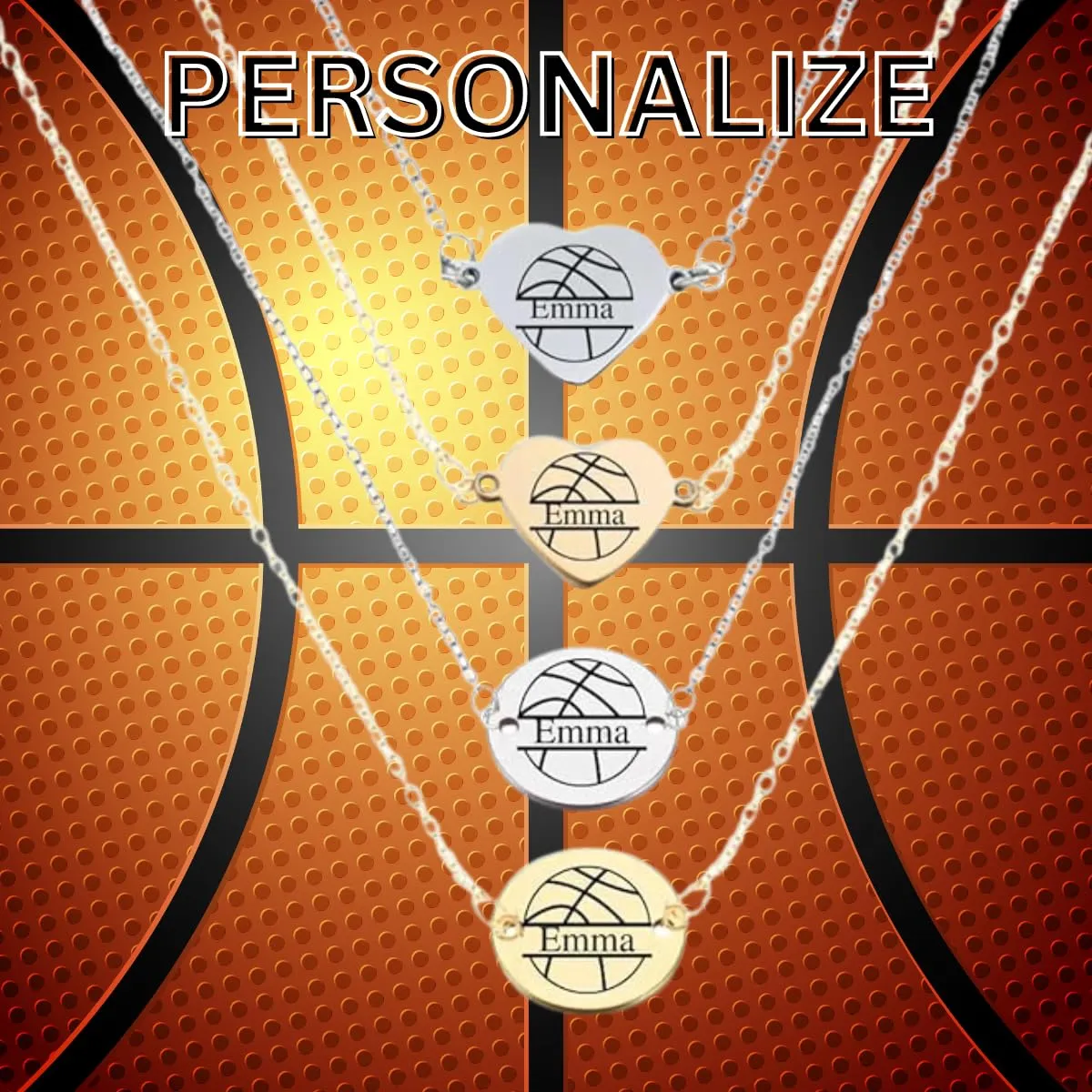 Sportybella - Personalized Basketball Necklace with Name Charm, Stainless Steel Jewelry, Team Gift, Basketball Pendant for Players & Fans (Style 3)