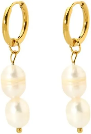 Stainless Steel Gold Plated Pearl Earring For Women, Trendy 14k Gold Plated Pearl Drop Hoop Huggies Earrings Cubic Zirconia