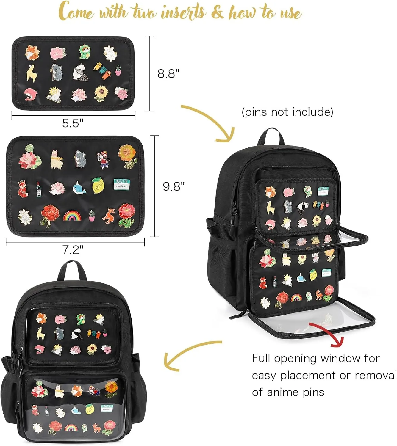 STEAMEDBUN Double Window Ita Backpack(900D) Anime Cosplay Pin Display Backpack Insert Accessories(Black)