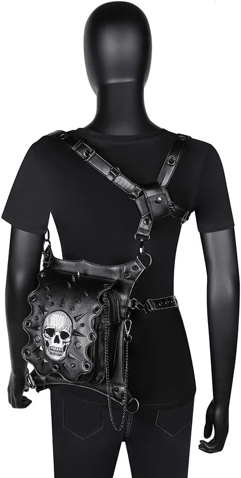 Steampunk Waist Bag Fanny Pack Skull Leather Thigh Leg Hip Holster Purse Travel Pouch Hiking Sport Chain Bags,Brass,WP-BG610