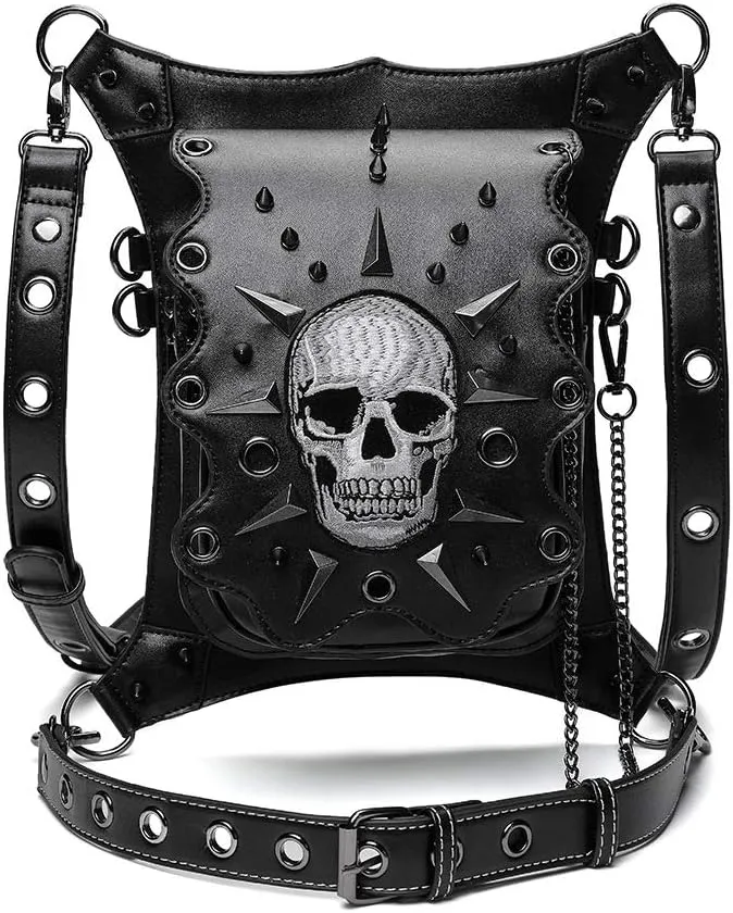 Steampunk Waist Bag Fanny Pack Skull Leather Thigh Leg Hip Holster Purse Travel Pouch Hiking Sport Chain Bags,Brass,WP-BG610