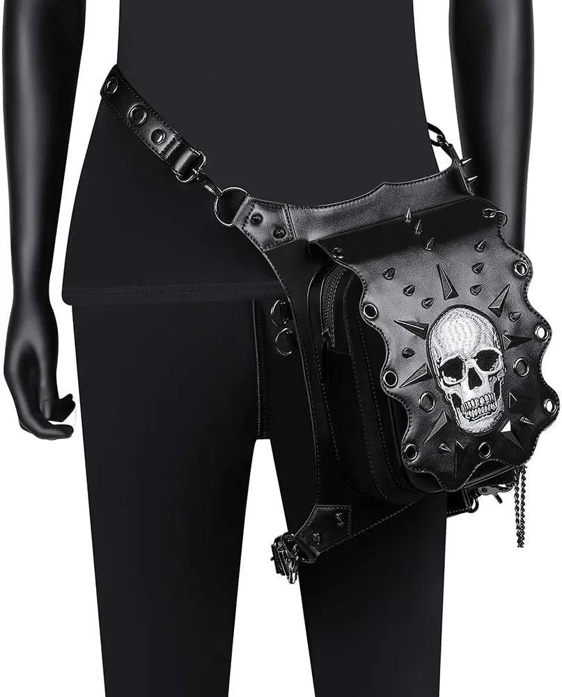 Steampunk Waist Bag Fanny Pack Skull Leather Thigh Leg Hip Holster Purse Travel Pouch Hiking Sport Chain Bags,Brass,WP-BG610