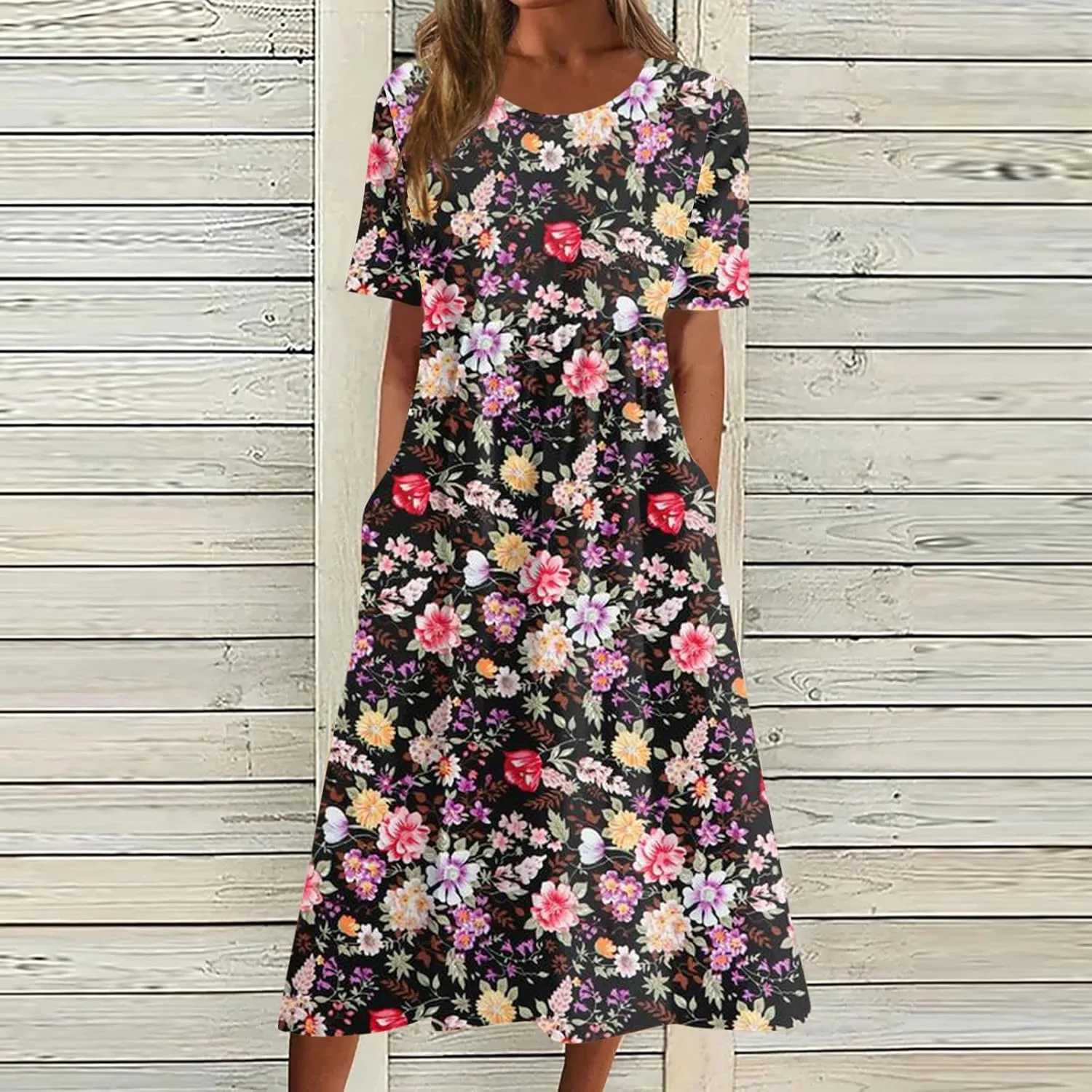 Summer Dresses for Women 2024 Pocket Short Sleeve Dresses Pleated Round Neck Maxi Dress Printed Comfy Beach Dress