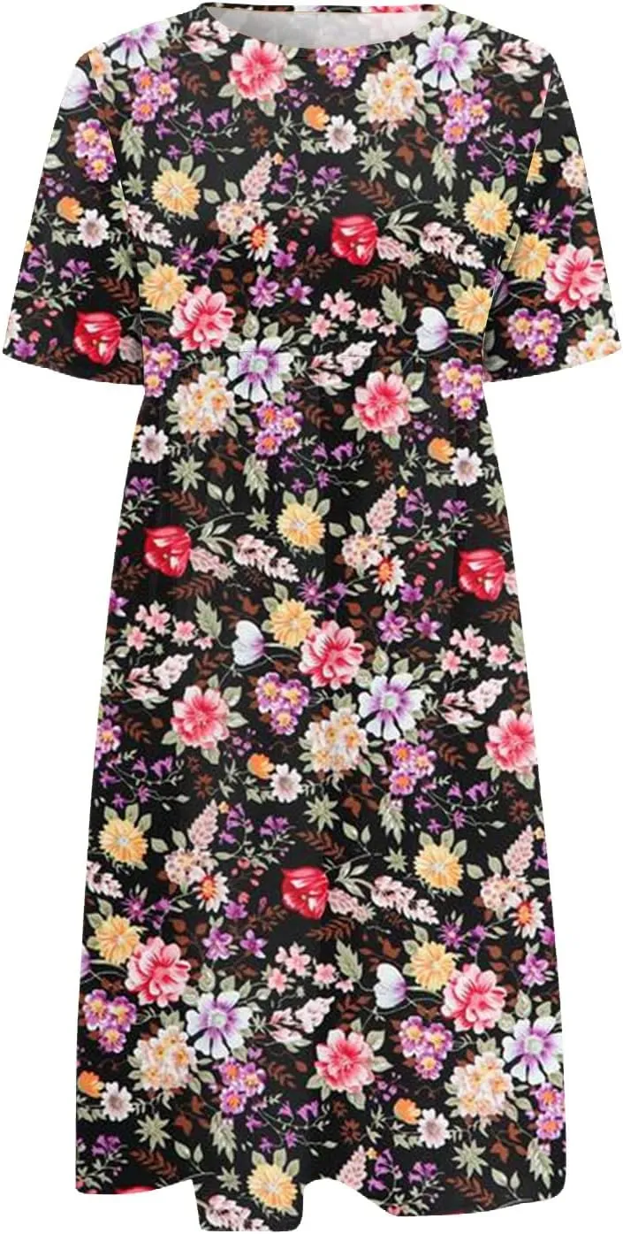 Summer Dresses for Women 2024 Pocket Short Sleeve Dresses Pleated Round Neck Maxi Dress Printed Comfy Beach Dress
