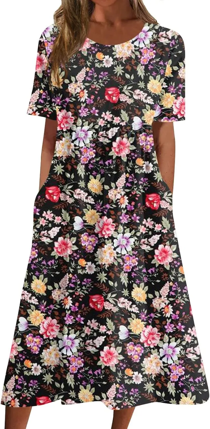 Summer Dresses for Women 2024 Pocket Short Sleeve Dresses Pleated Round Neck Maxi Dress Printed Comfy Beach Dress