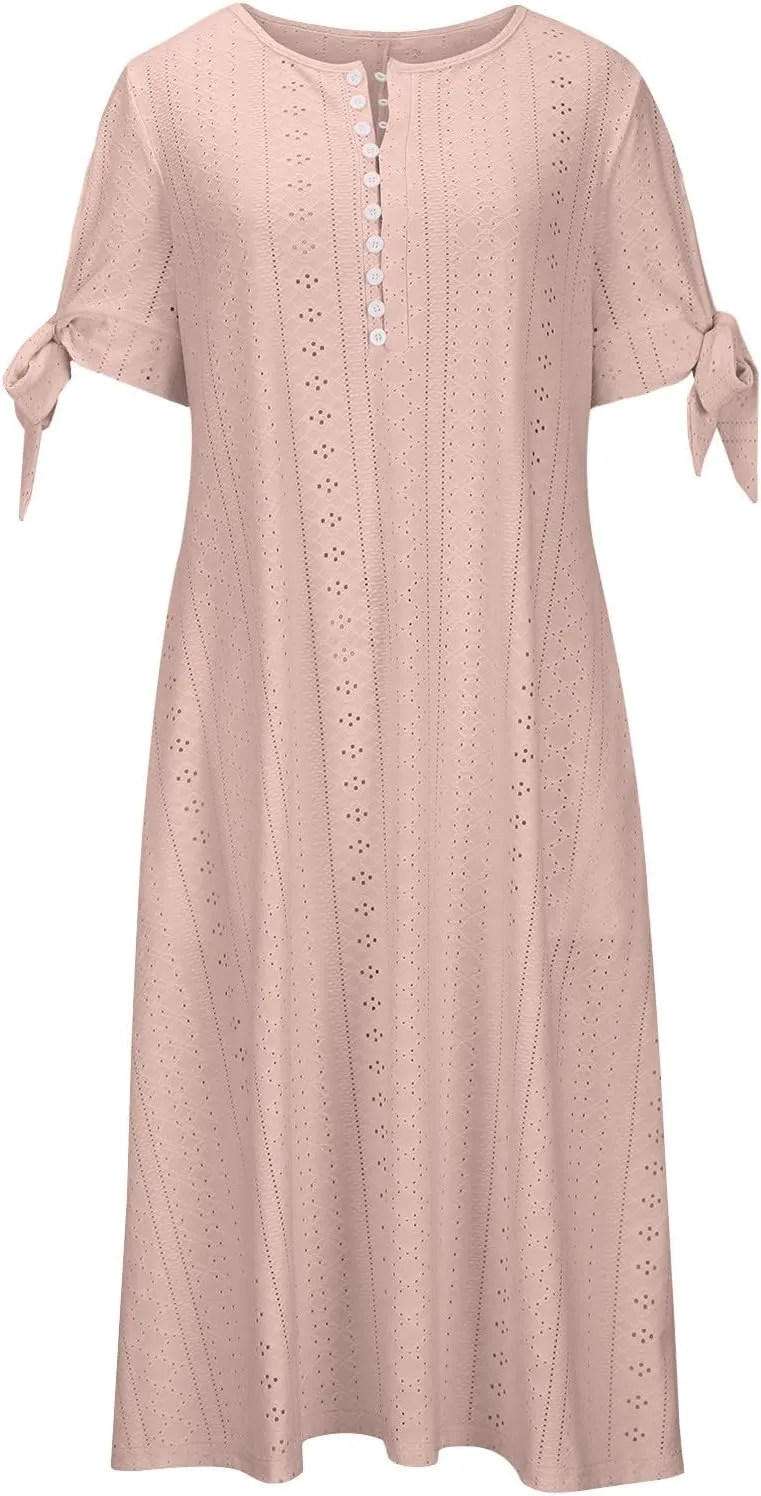 Summer Dresses for Women 2025 Eyelet Tshirt Dress Casual Beach Vacation Sundress V Neck Maxi Dress