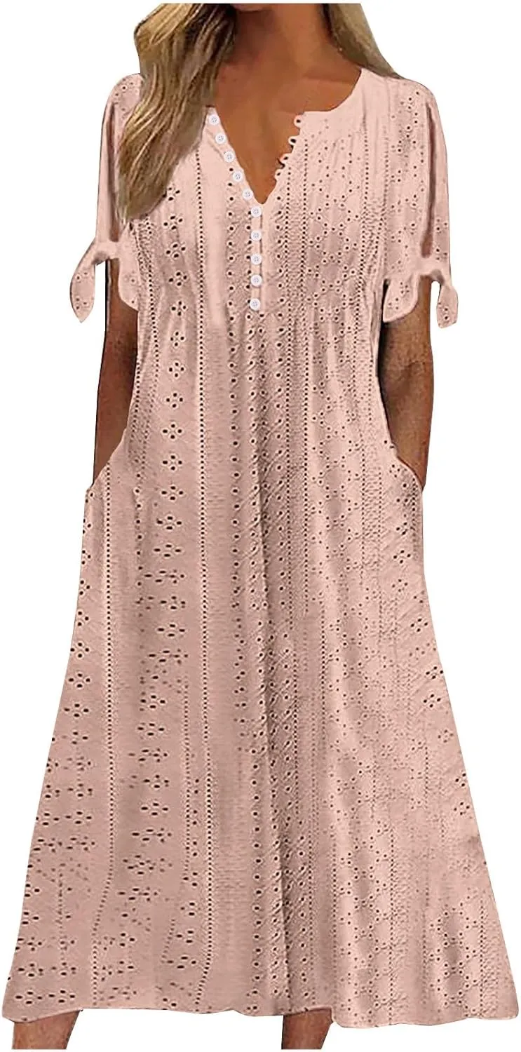 Summer Dresses for Women 2025 Eyelet Tshirt Dress Casual Beach Vacation Sundress V Neck Maxi Dress