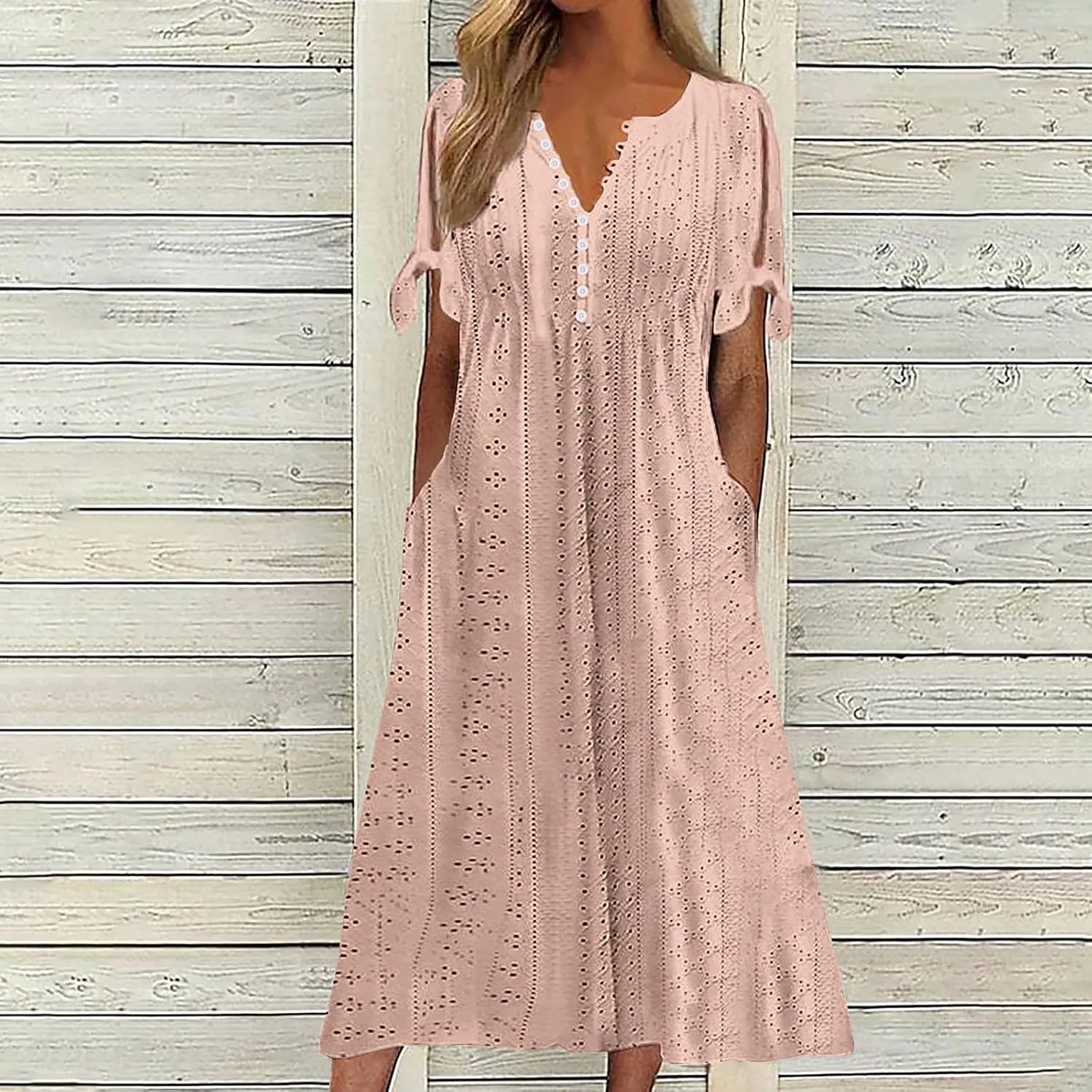 Summer Dresses for Women 2025 Eyelet Tshirt Dress Casual Beach Vacation Sundress V Neck Maxi Dress