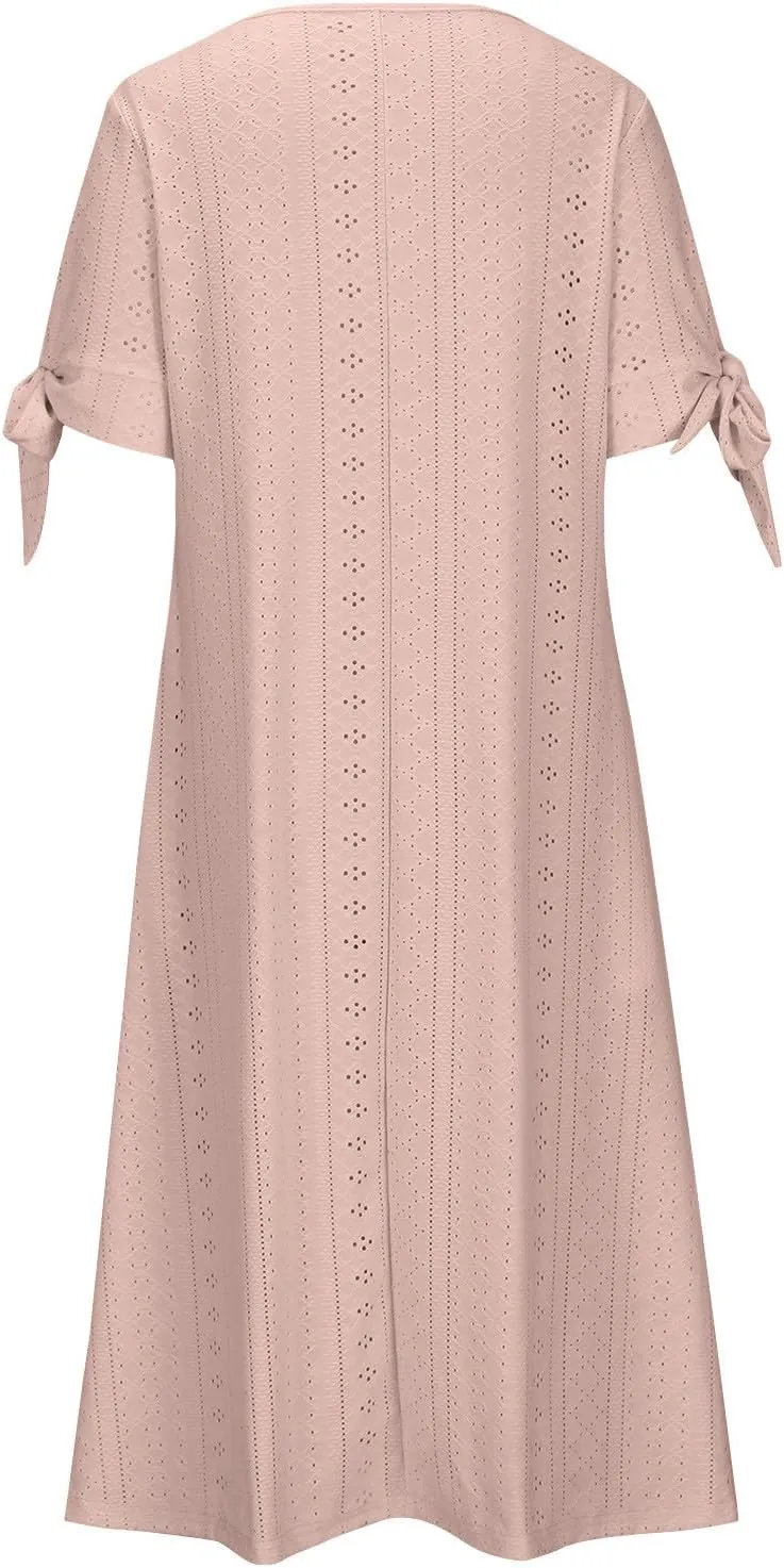 Summer Dresses for Women 2025 Eyelet Tshirt Dress Casual Beach Vacation Sundress V Neck Maxi Dress