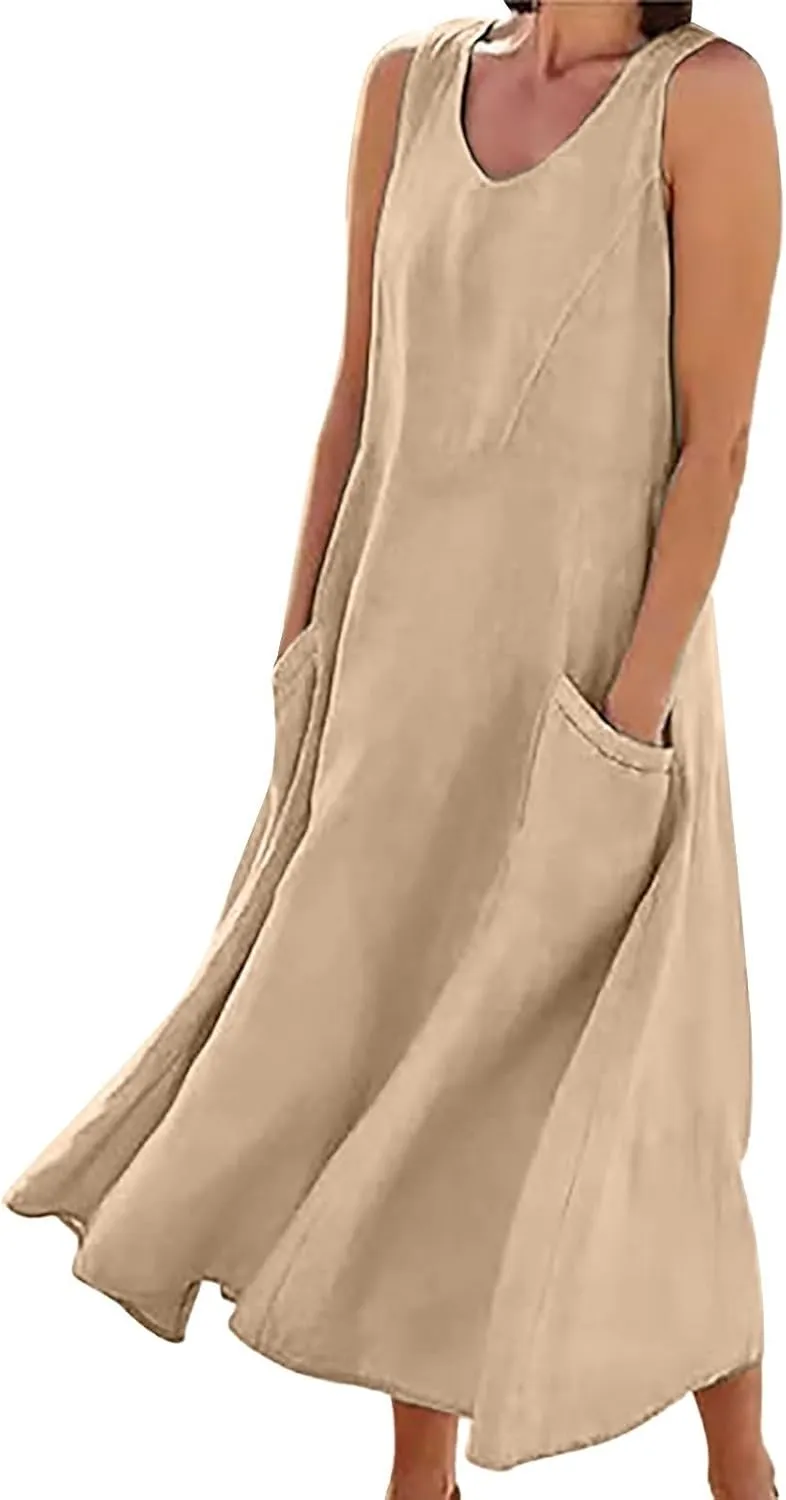 Summer Linen Dresses for Women 2025 Trendy Mini Sleeveless V Neck Outfit Beach Travel Vacation Dress Casual Fit Maxi