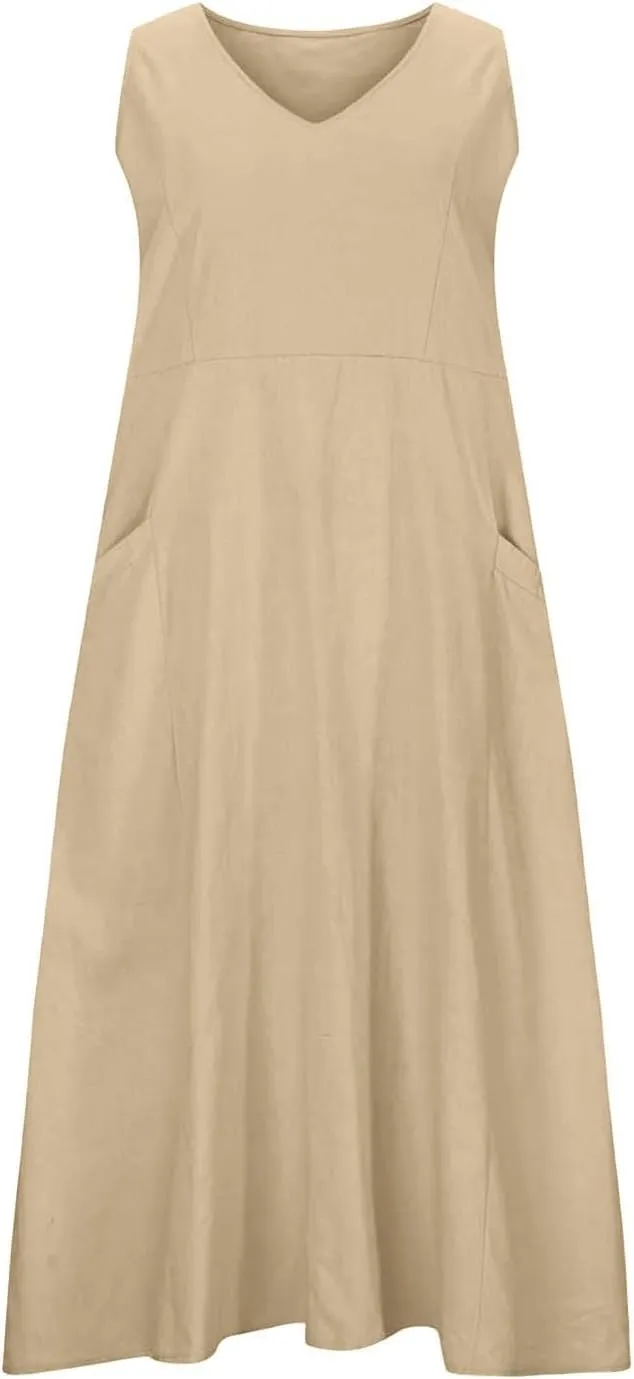 Summer Linen Dresses for Women 2025 Trendy Mini Sleeveless V Neck Outfit Beach Travel Vacation Dress Casual Fit Maxi