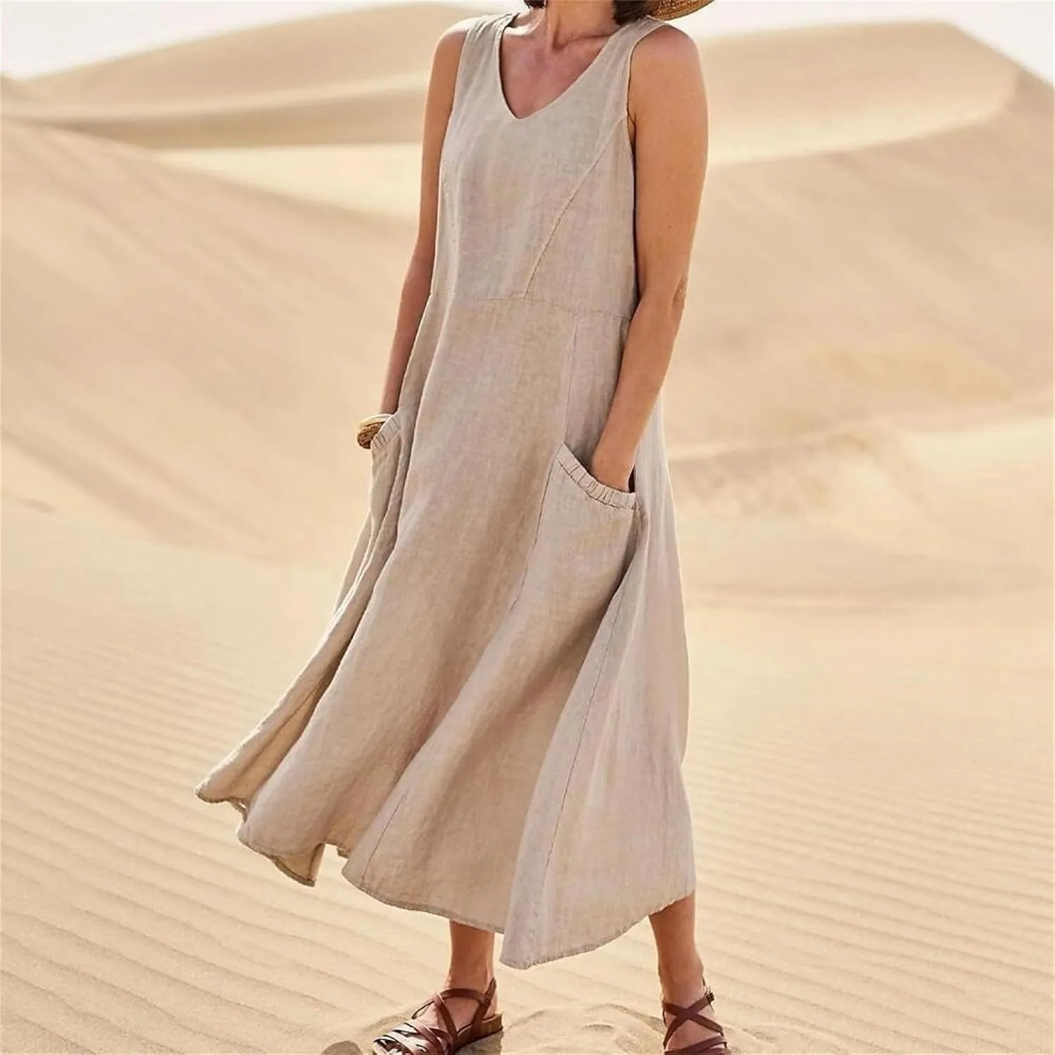 Summer Linen Dresses for Women 2025 Trendy Mini Sleeveless V Neck Outfit Beach Travel Vacation Dress Casual Fit Maxi