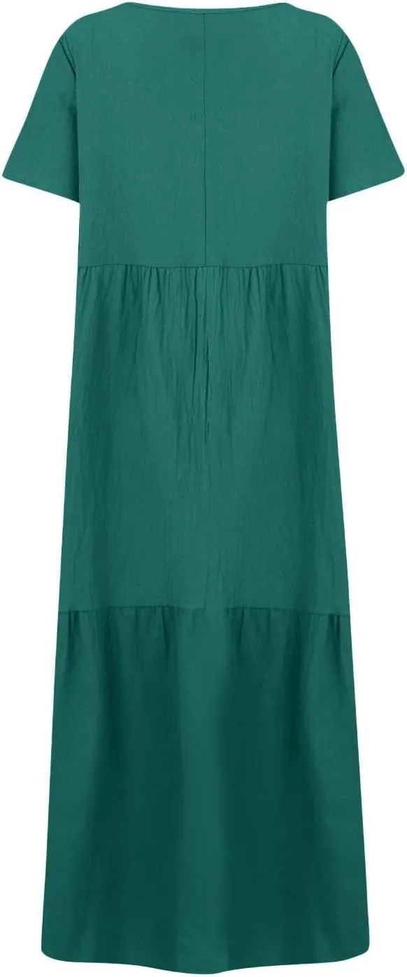 Summer Maxi Dresses for Women Plus Size Cotton Linen V Neck Tiered Dress Loose Casual Maternity Beach Long Flowy Dresses